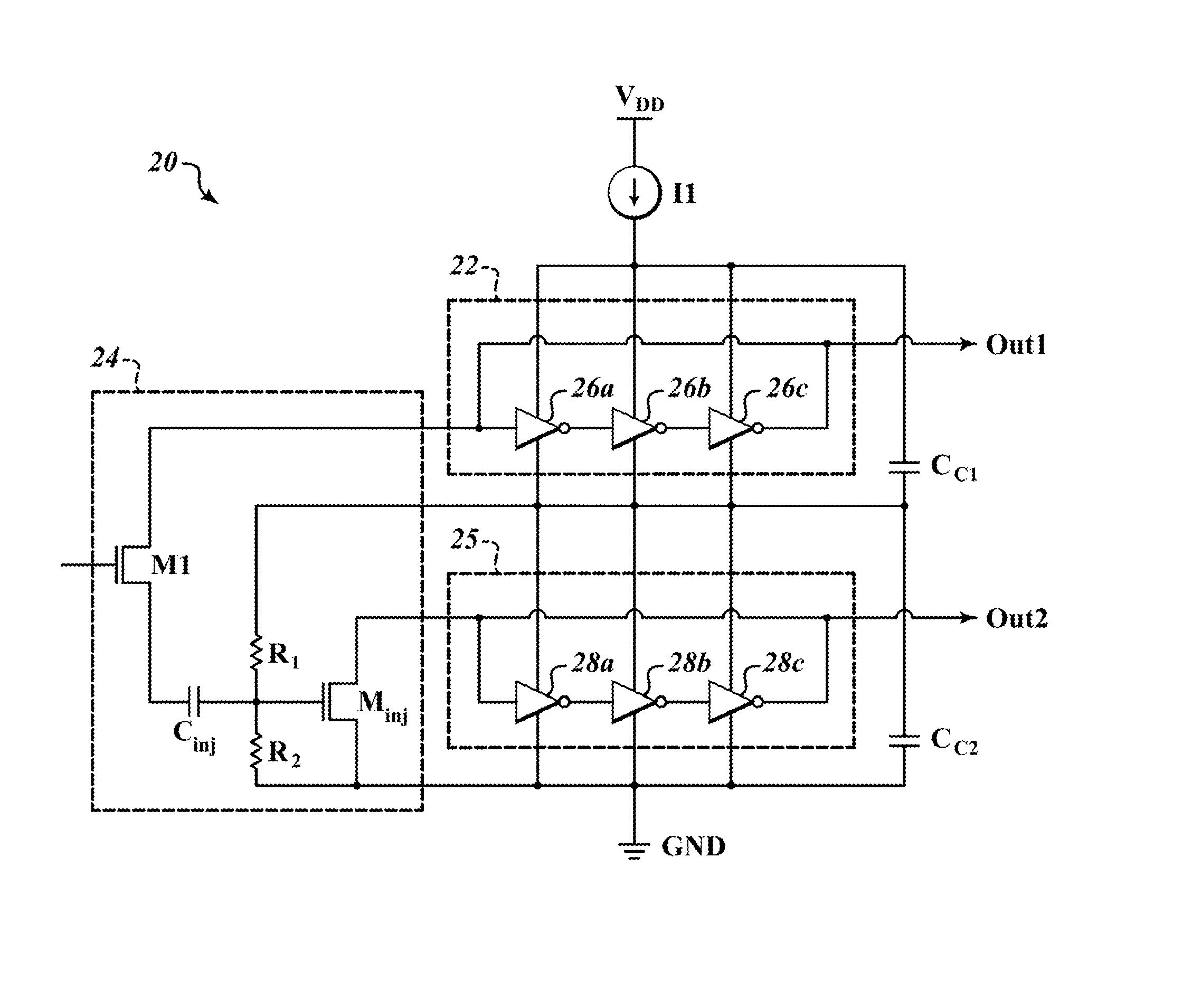 Current reused stacked ring oscillator and injection locked divider, injection locked multiplier