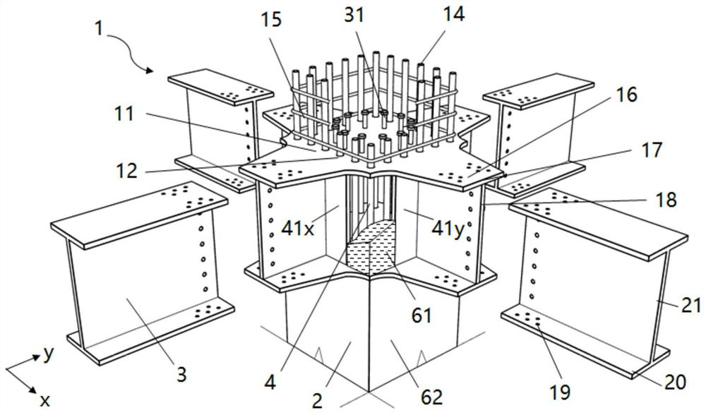 Column full-section partition plate type stirrup-free fiber reinforced concrete mixed frame joint