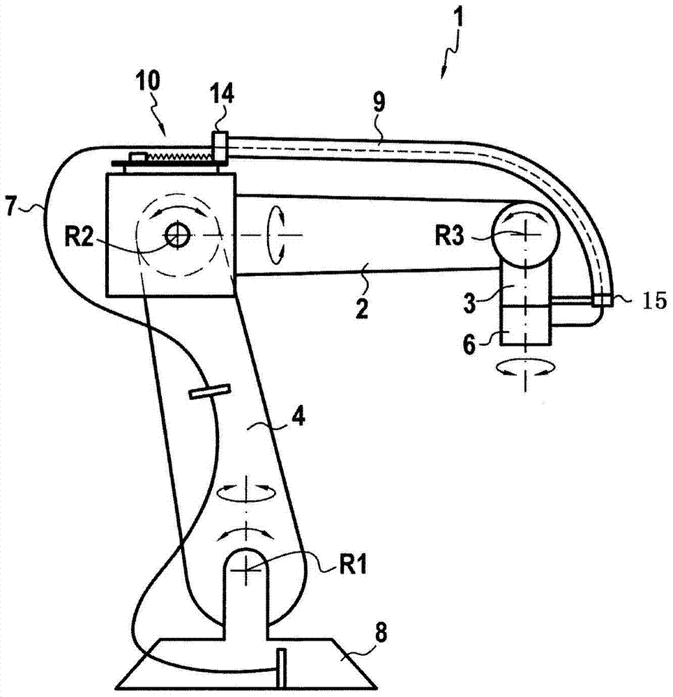 Device for guiding at least one line of an articulated arm robot and articulated arm robot