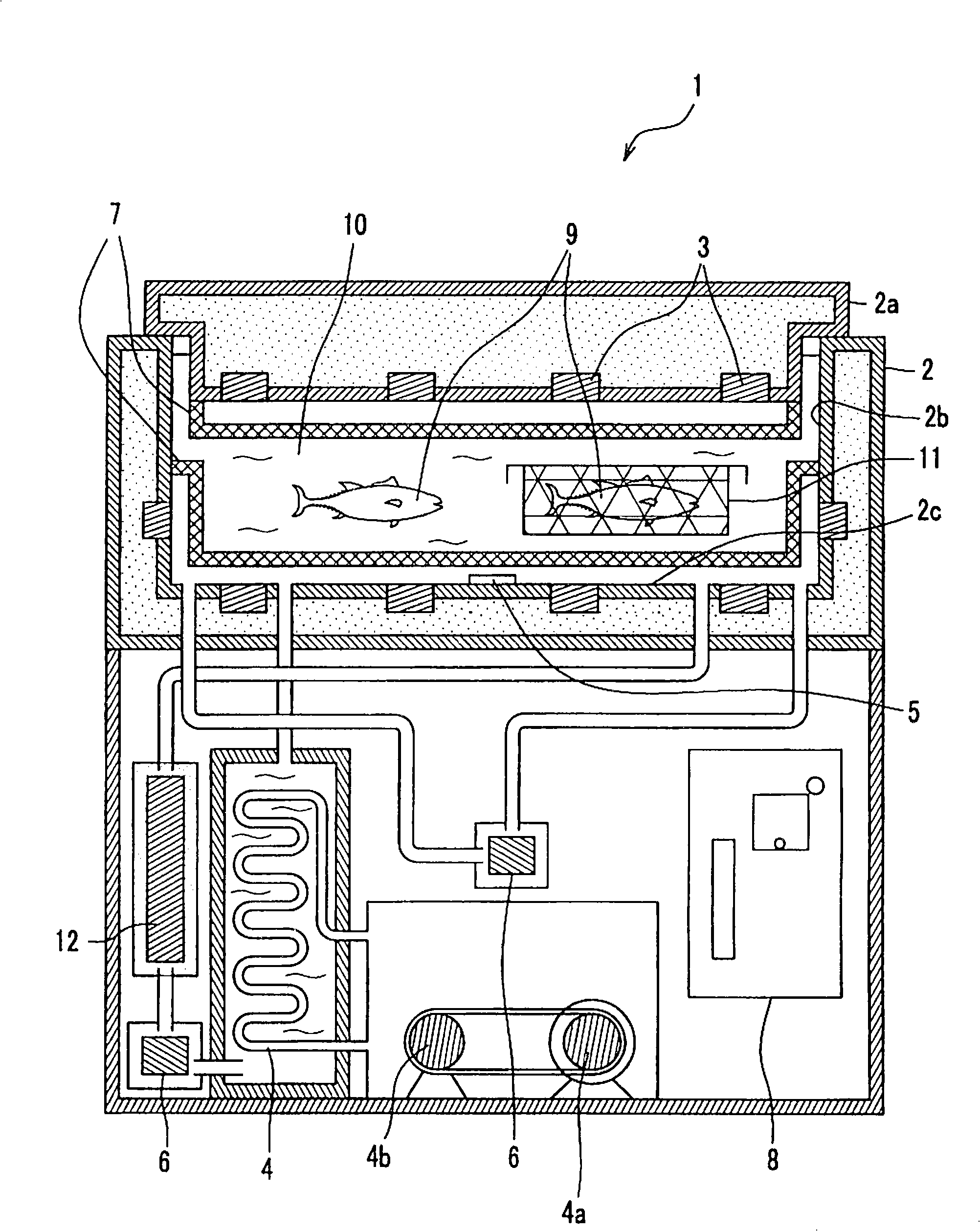 Apparatus for cooling food under water and maintaining water temperature therefor