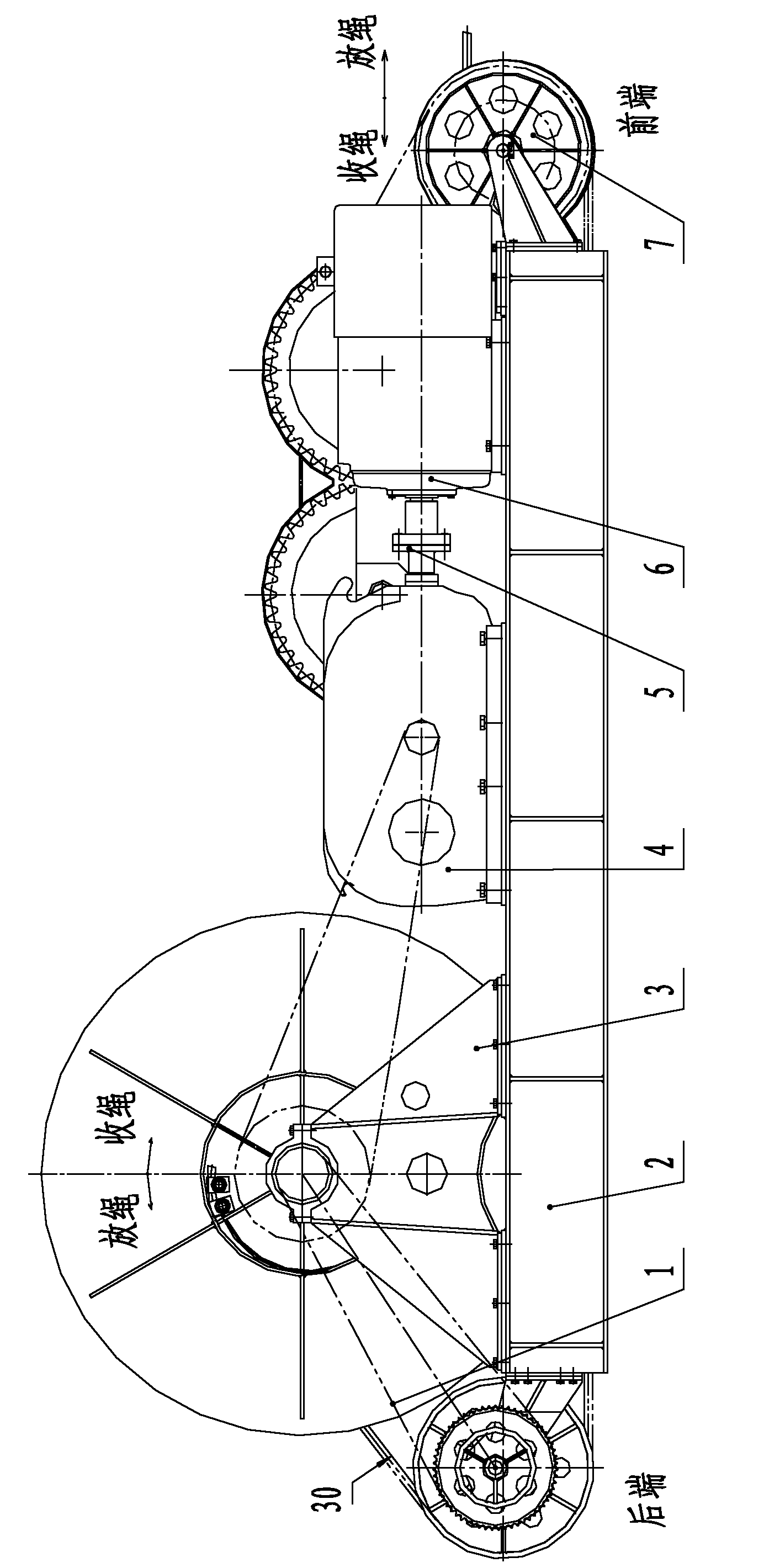 Integrated type rear-mounted guide wheel rope discharge and rope storage friction winch