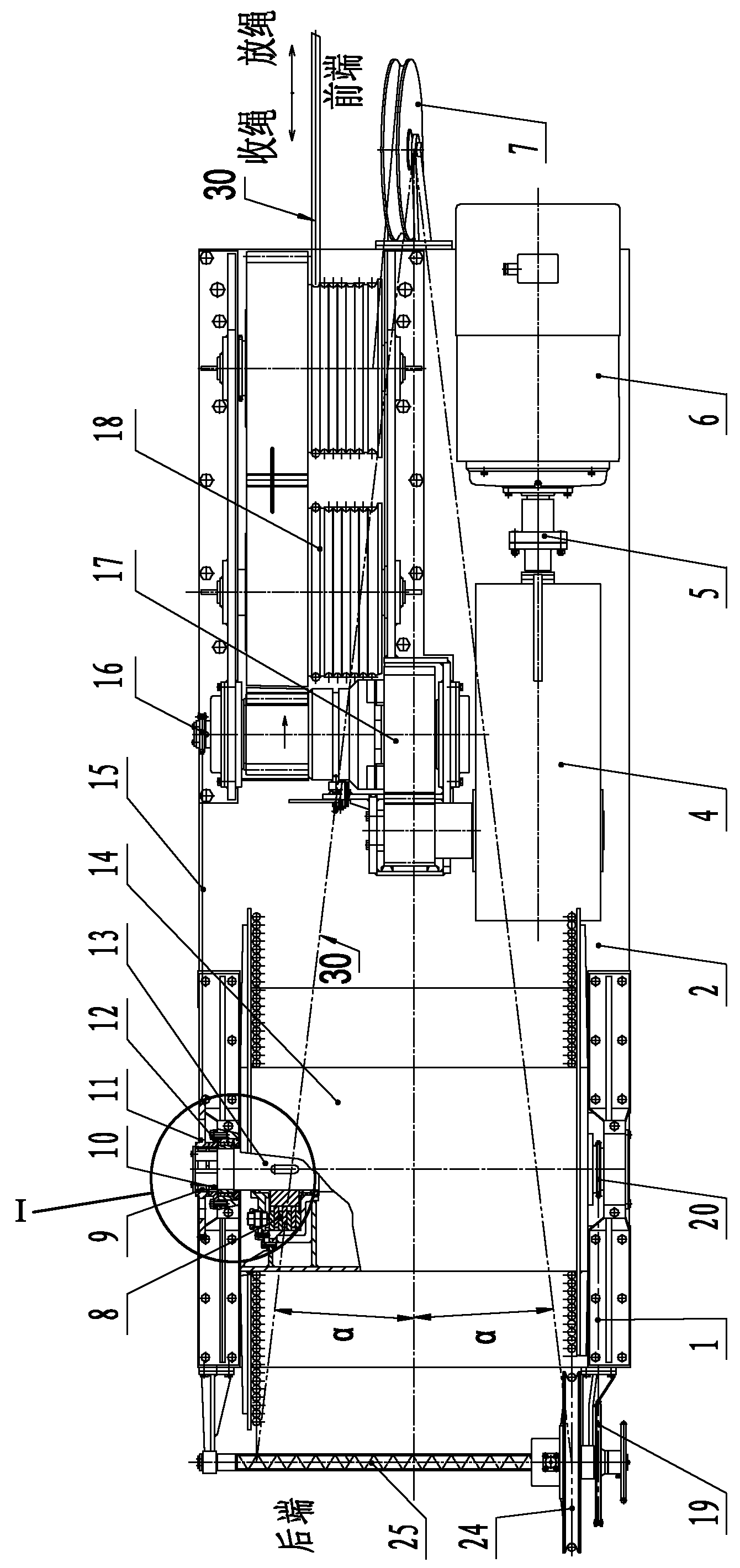 Integrated type rear-mounted guide wheel rope discharge and rope storage friction winch