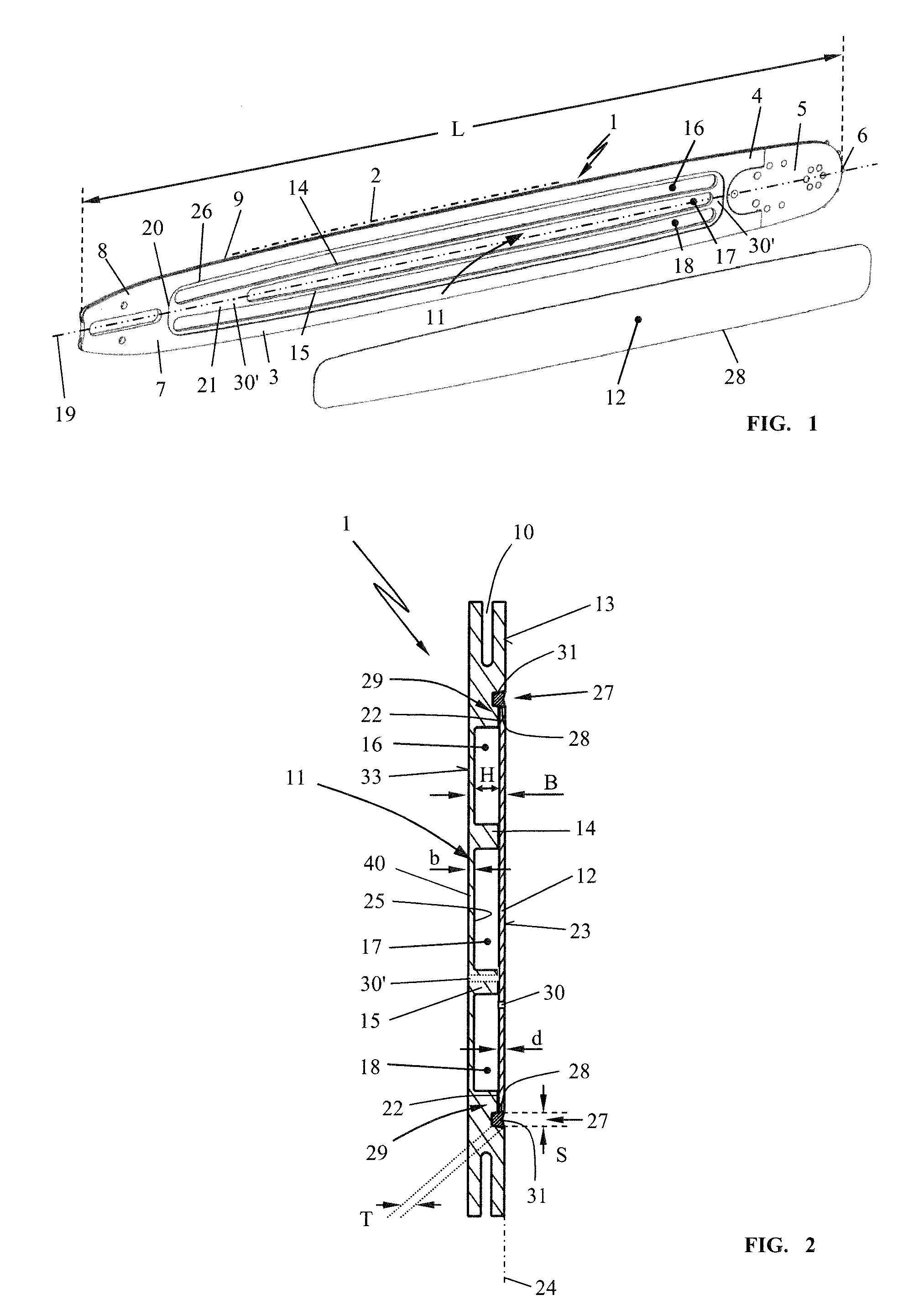 Weight-reduced guide bar of solid material