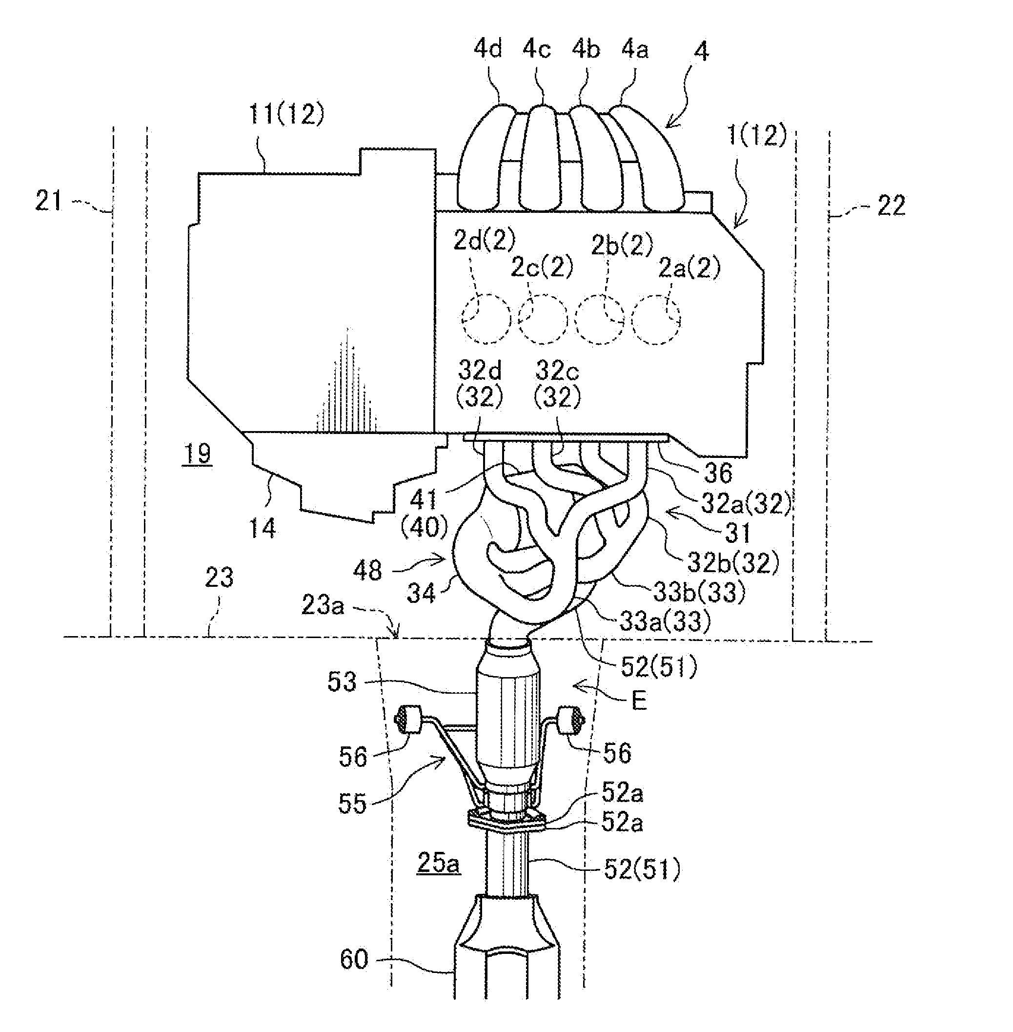 Exhaust apparatus for transverse engine