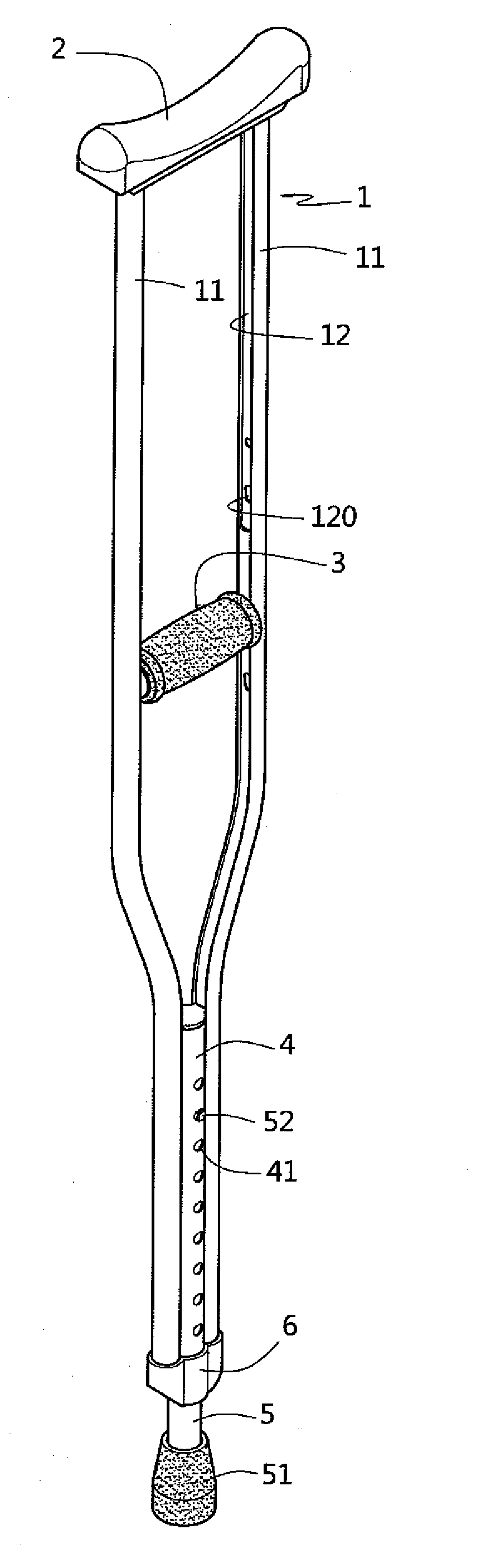 Reinforced axillary crutch with adjustable handgrip