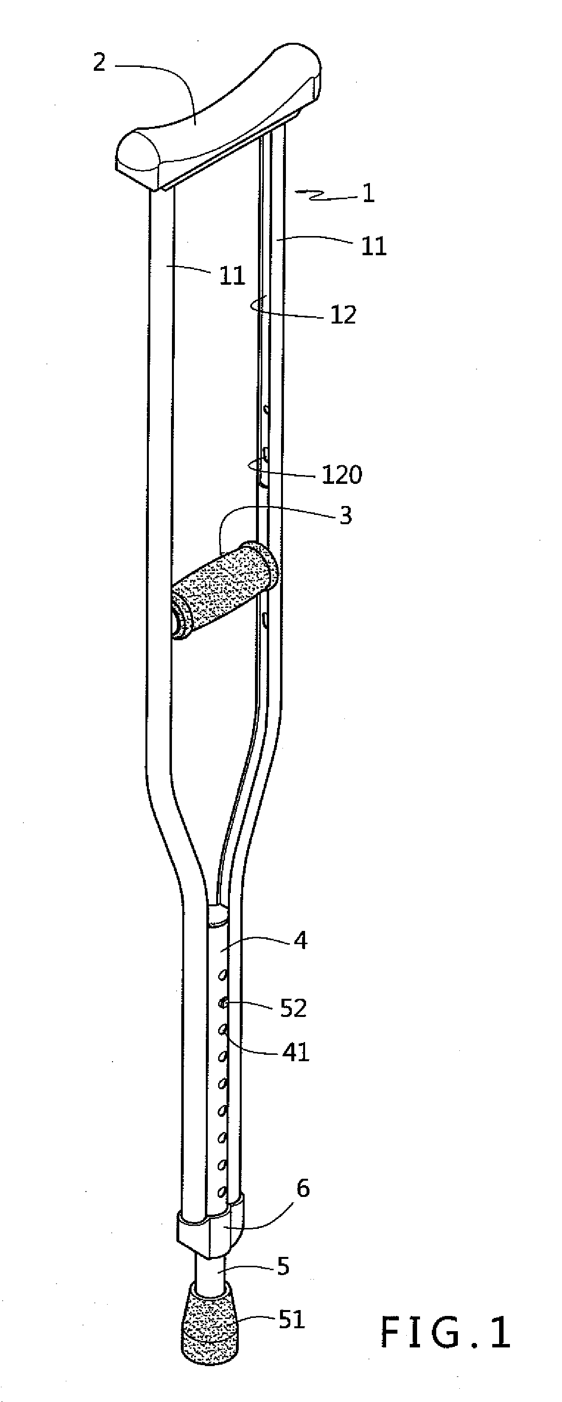 Reinforced axillary crutch with adjustable handgrip