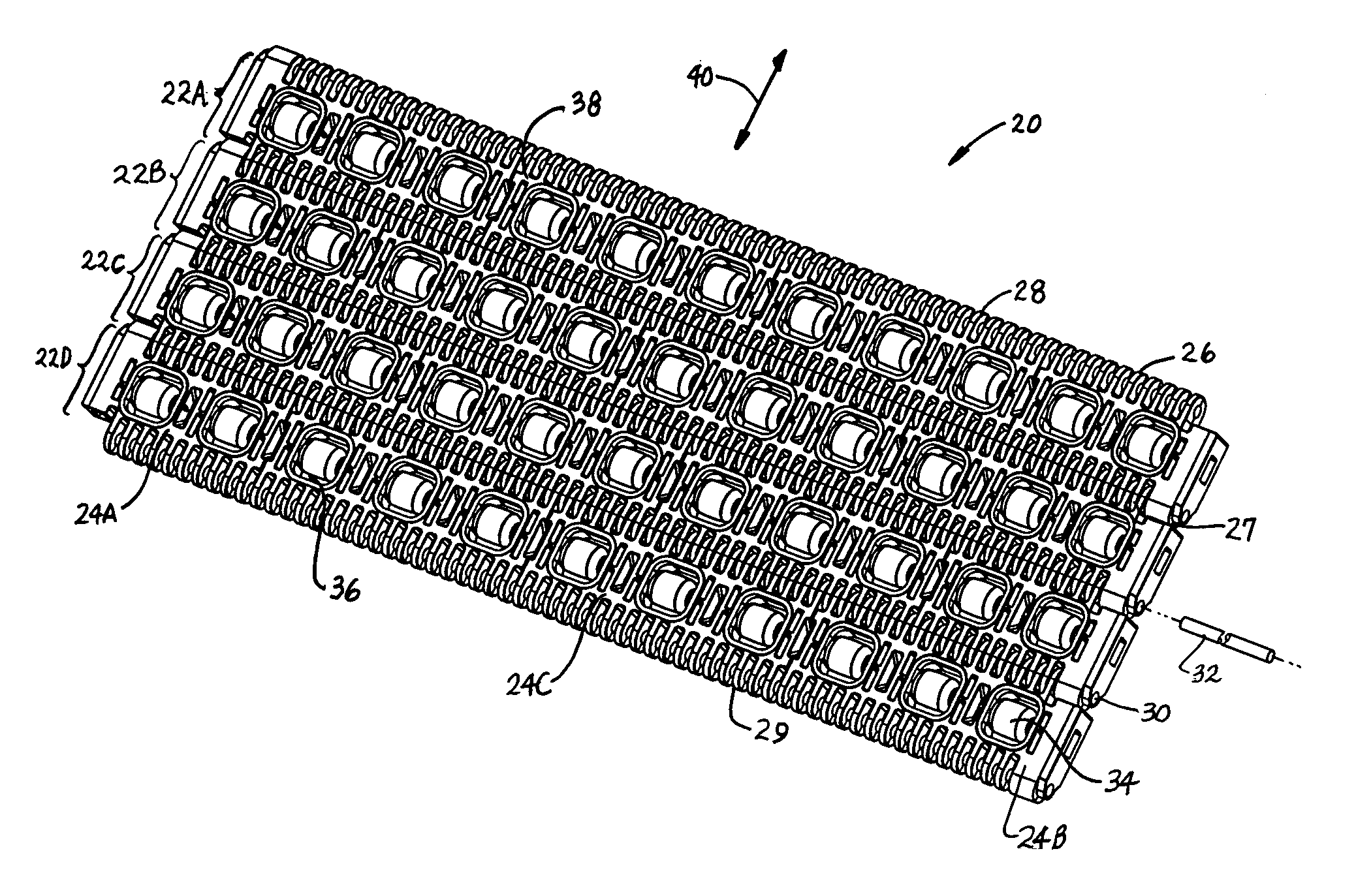 Conveyor belt modules with embedded rollers retained in the modules and associated method