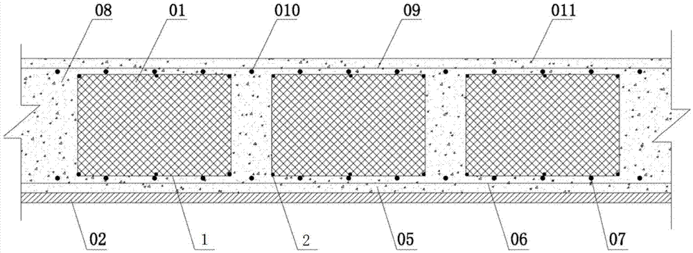 Hollow hidden beam plate structure formed by net pieces and supporting rebar cast-in-place concrete and process