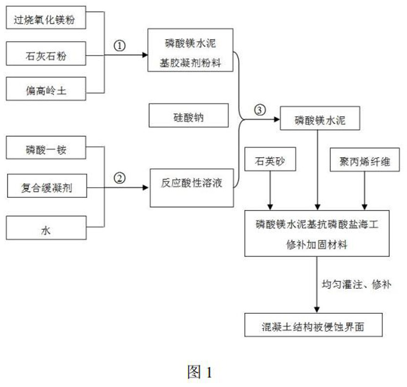 Magnesium phosphate cement-based sulfate-resistant maritime work repairing and reinforcing material and preparation method thereof