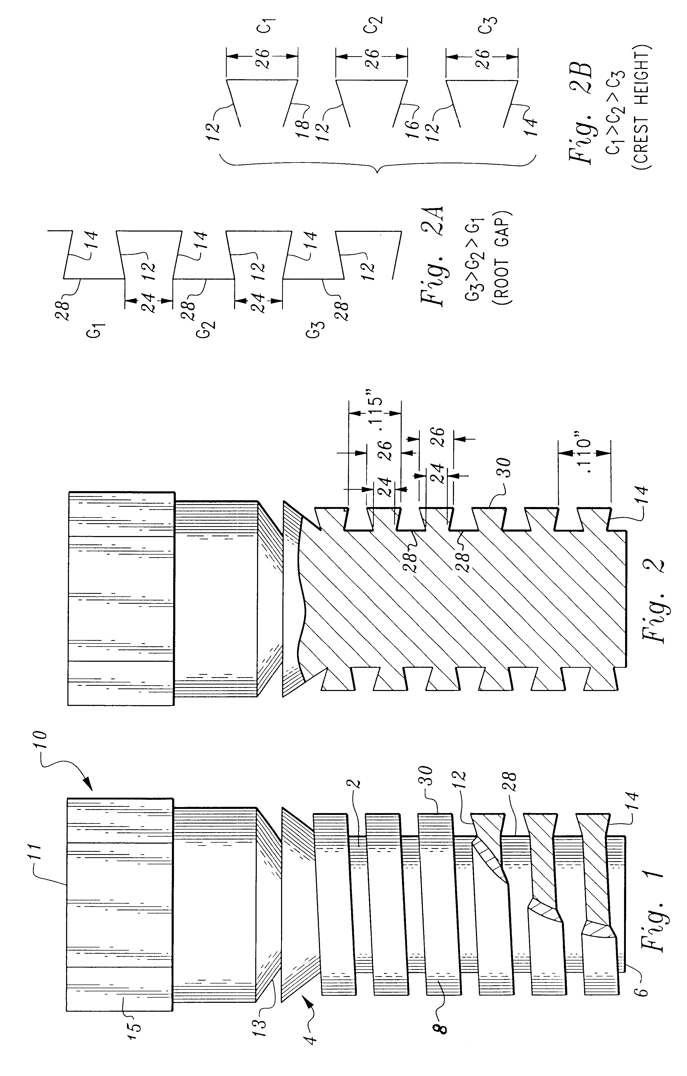 Threaded fastener having a thread crest greater than its thread root