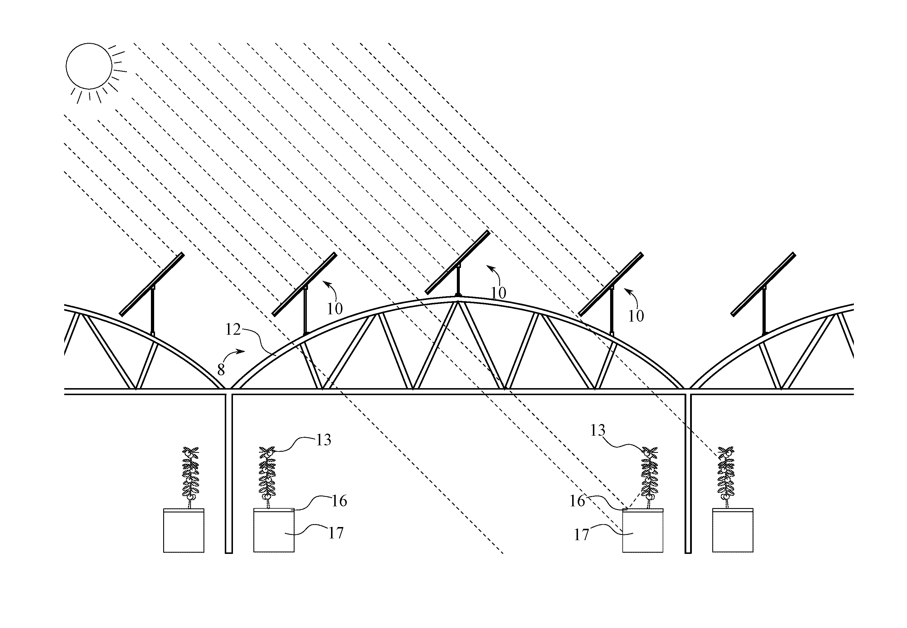 Greenhouse used as a solar panel support structure