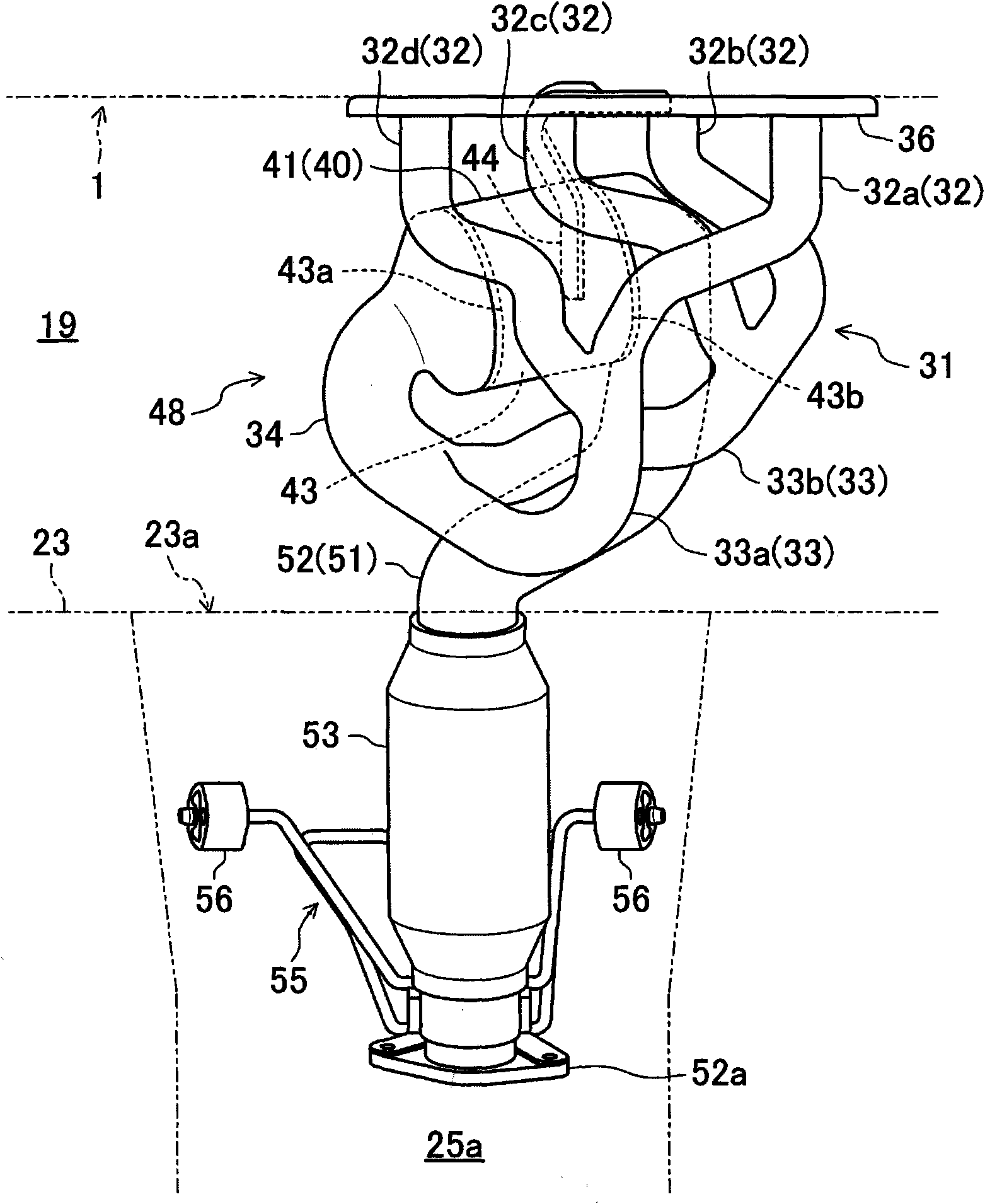 Exhaust apparatus for transverse engine