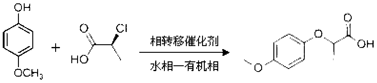 Industrial method for synthesizing 2-(4-methoxyphenoxy)-propionic acid through phase transfer