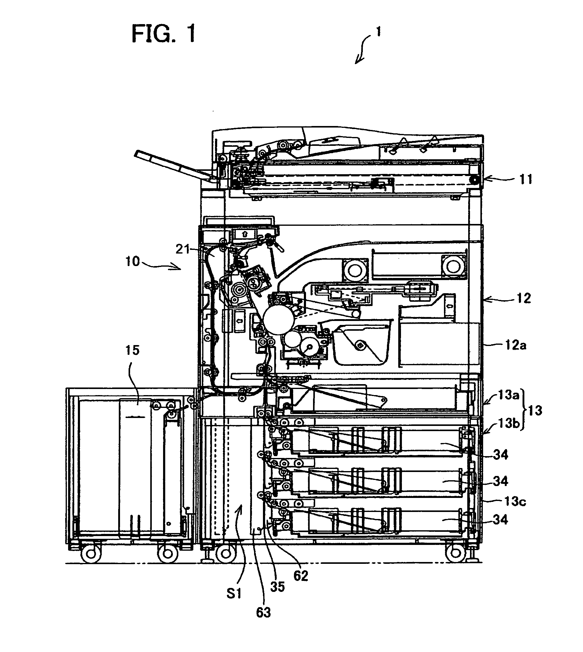 Image forming system and image forming apparatus being configured for easy removal of jammed recording material and for reducing installation space