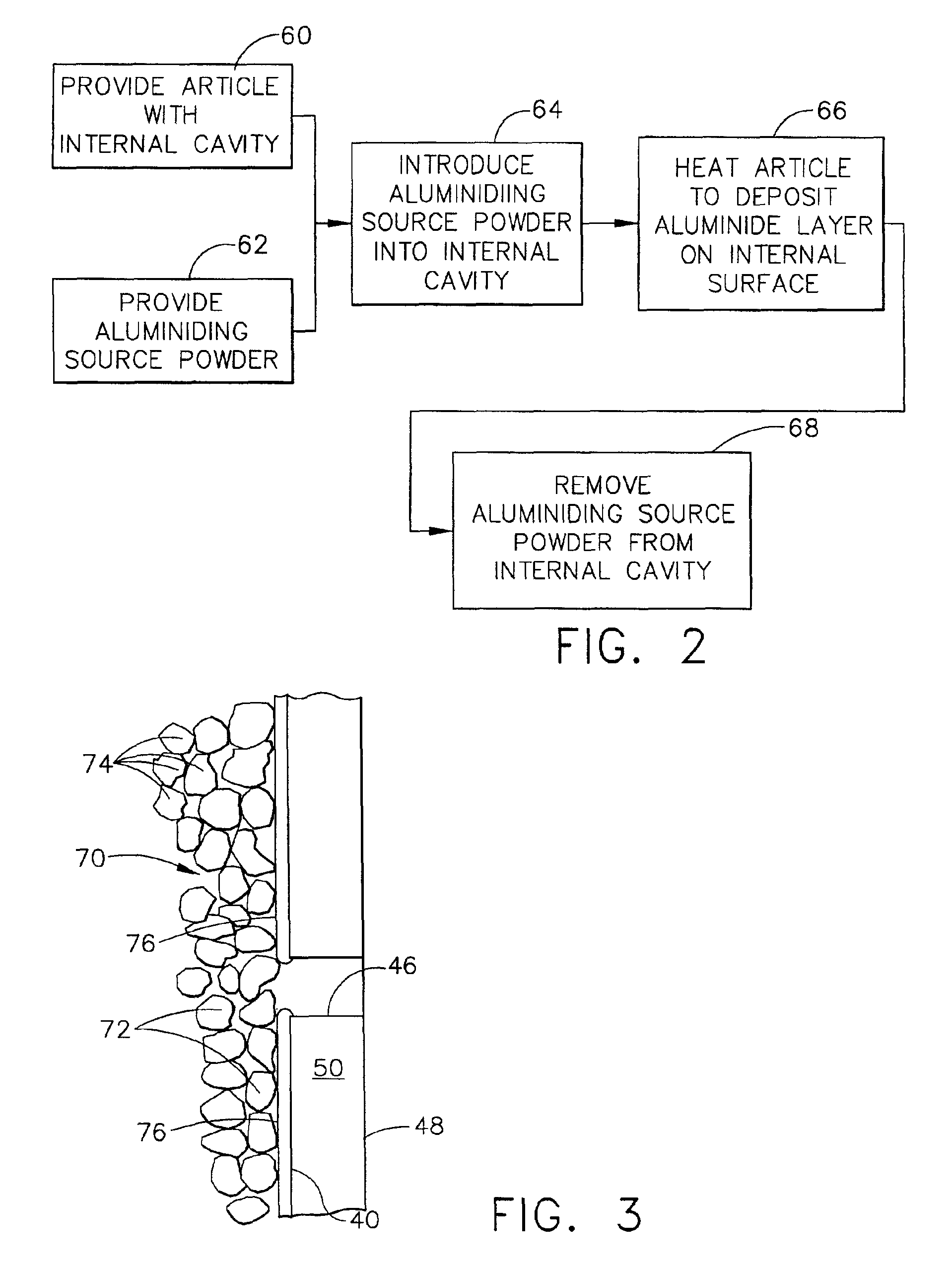 Dimensionally controlled pack aluminiding of internal surfaces of a hollow article