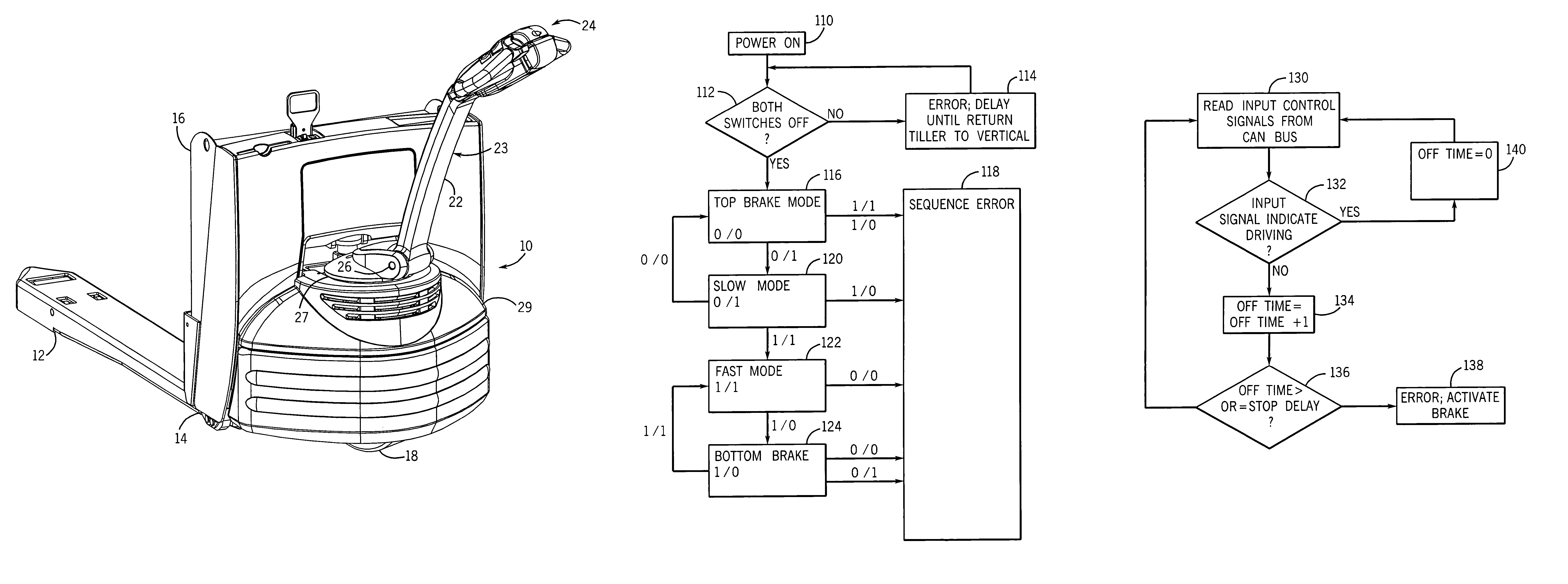 Pallet truck tiller arm with angle detector for speed select