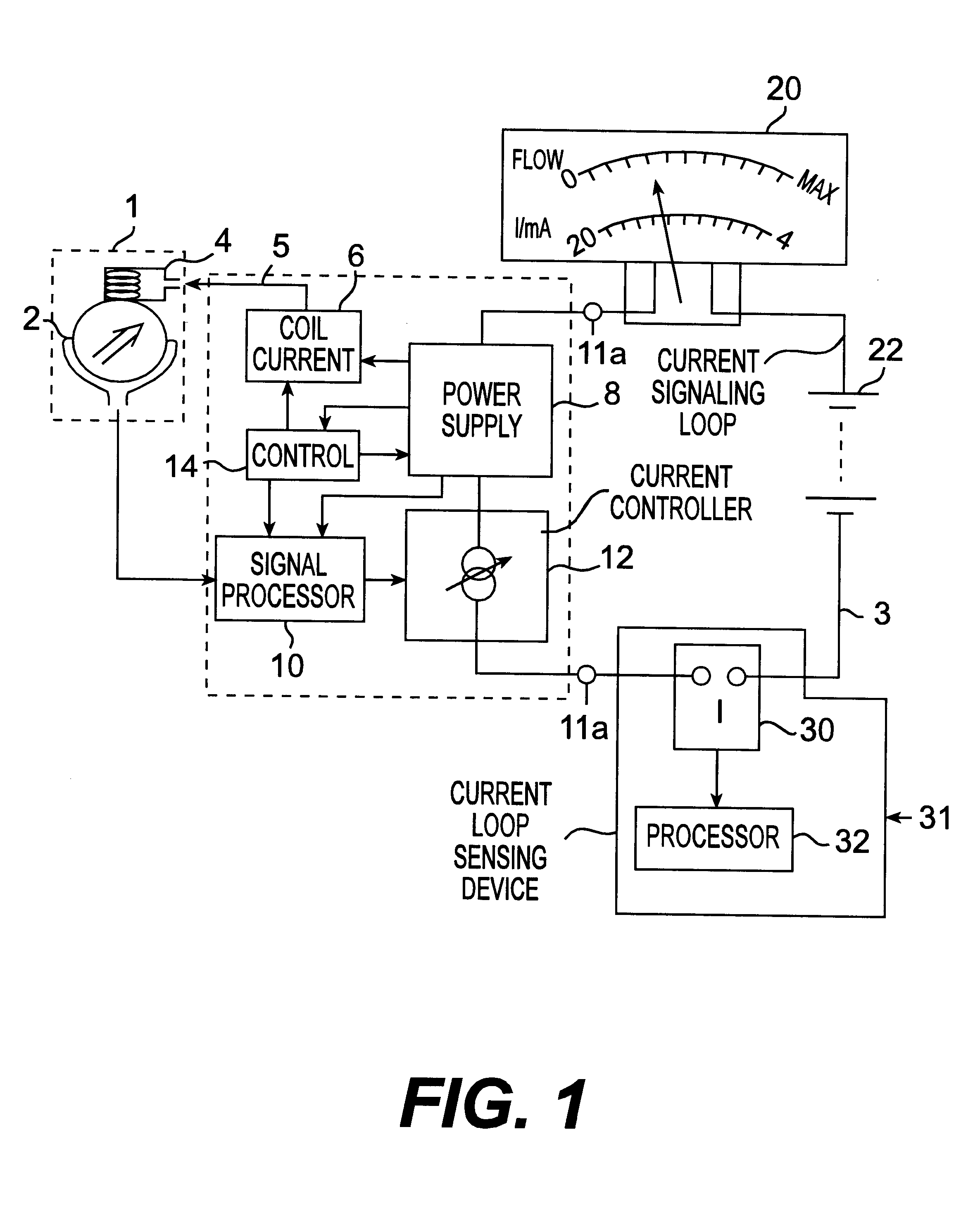 Electromagnetic flowmeter deriving power from signalling loop current