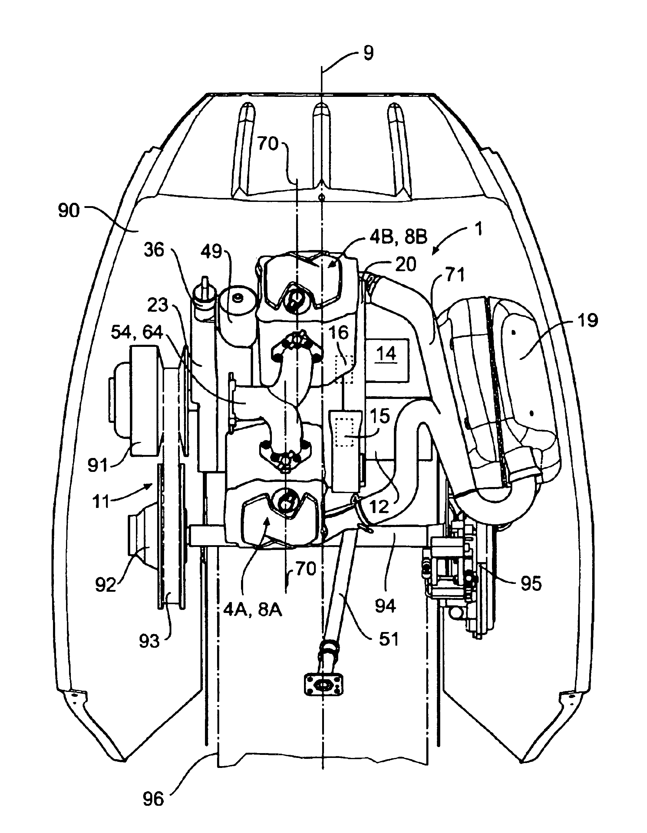 Engine arrangement for a four cycle engine