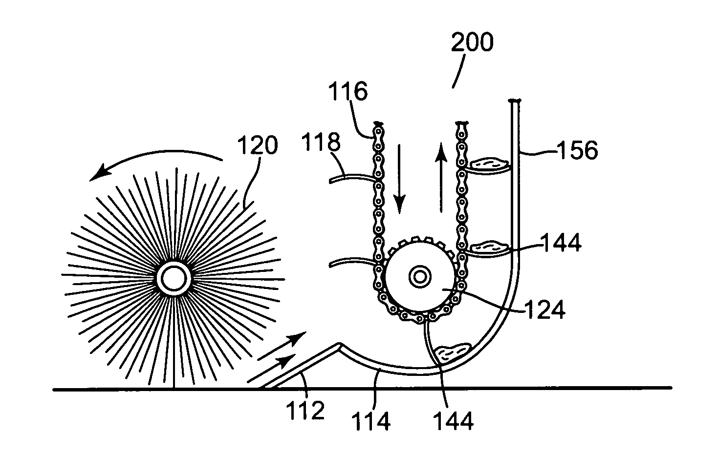 Chain driven conveyor having automatic tensioning street sweeping method and system