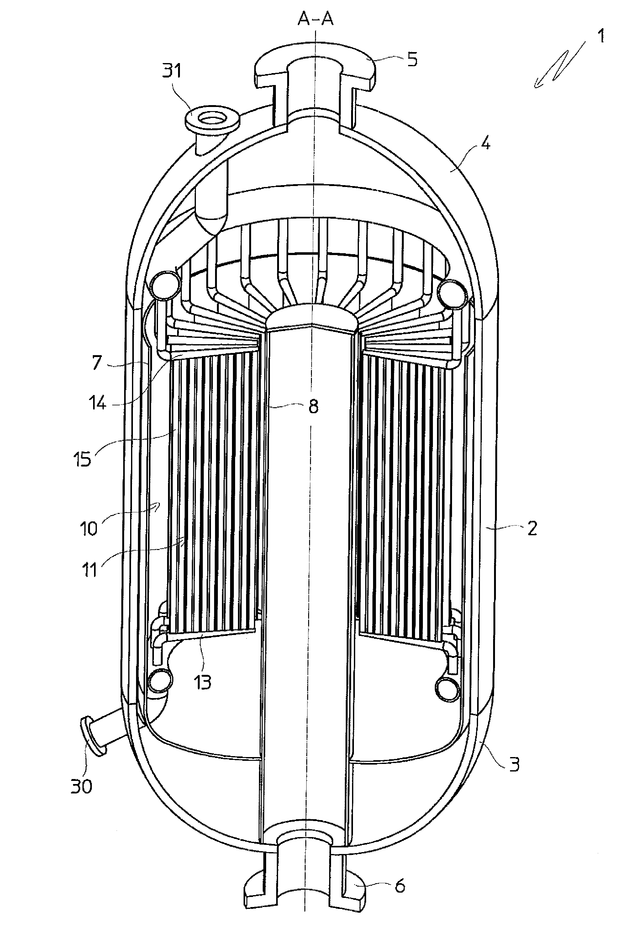 Heat exchanger with radially arranged elements for isothermal chemical reactors