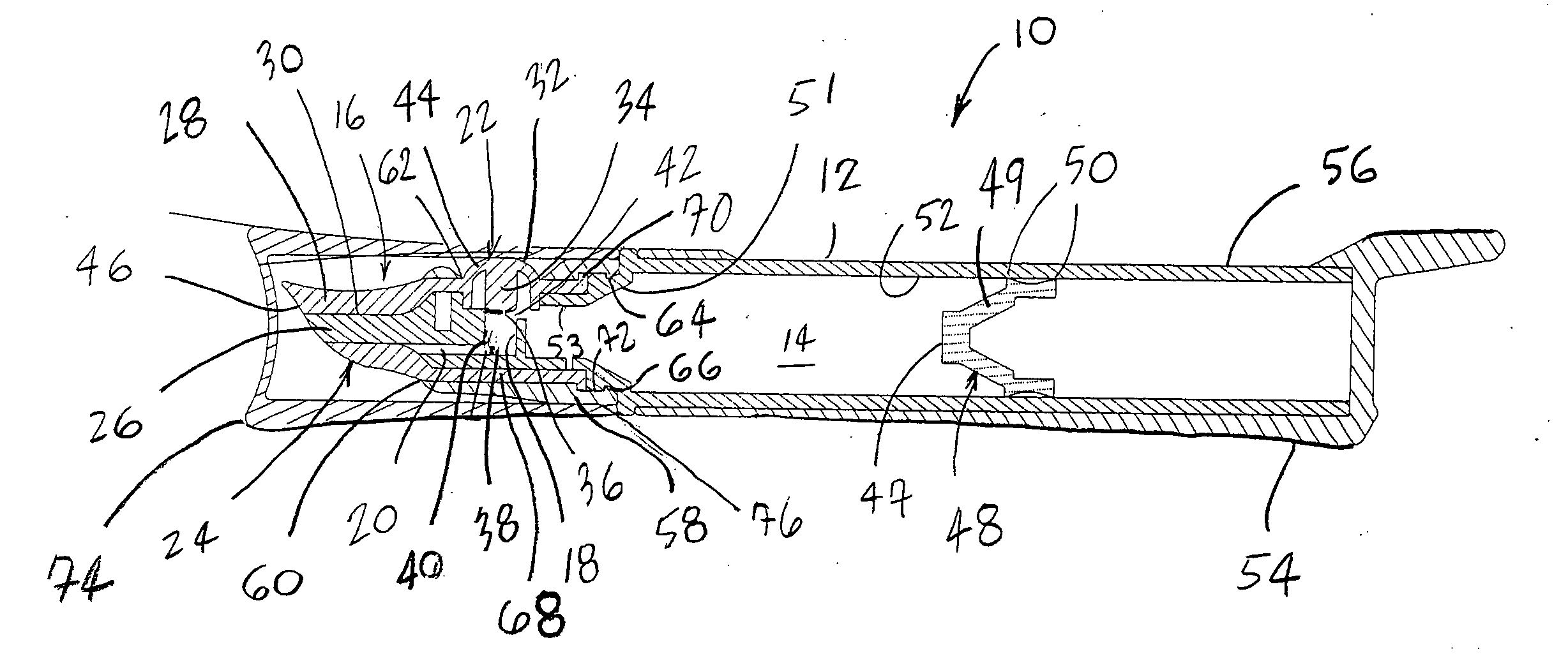 Laterally-actuated dispenser with one-way valve for storing and dispensing metered amounts of substances