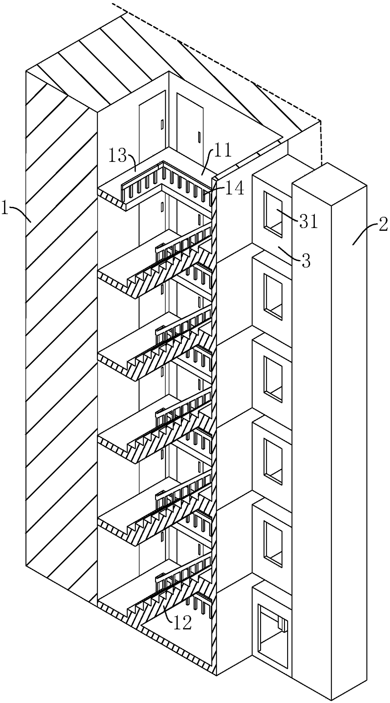 Passage barrier-free structure of elevator additionally mounted on old building