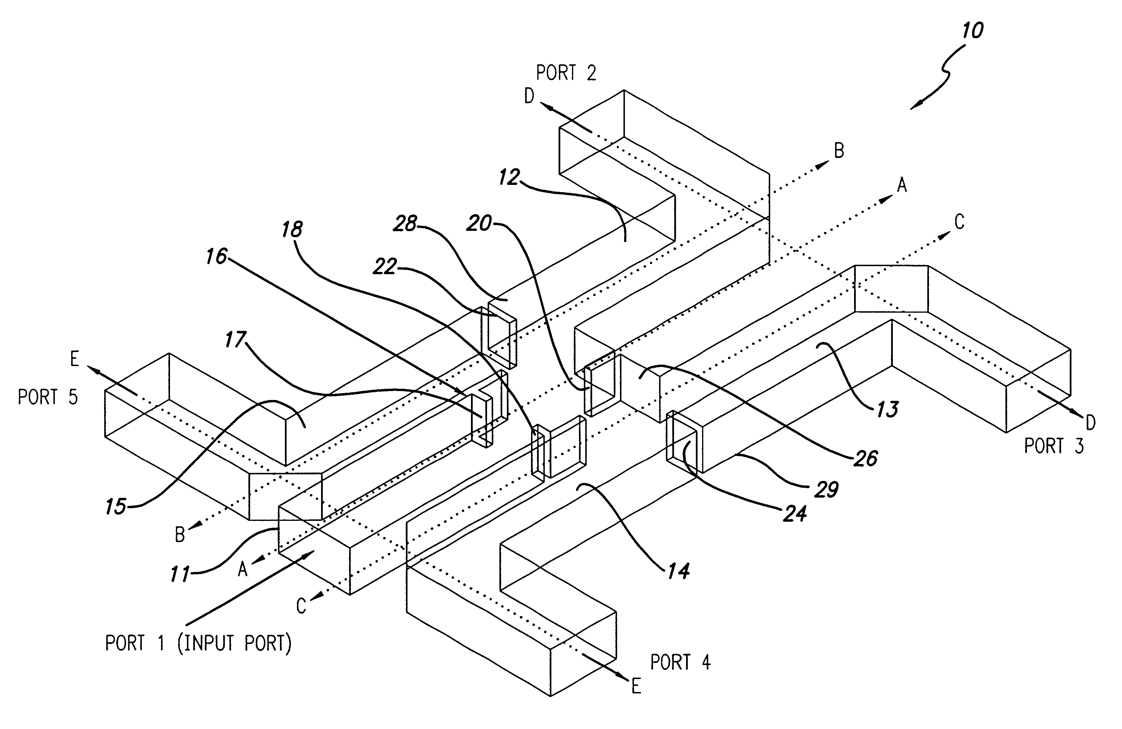 Compact four-way waveguide power divider