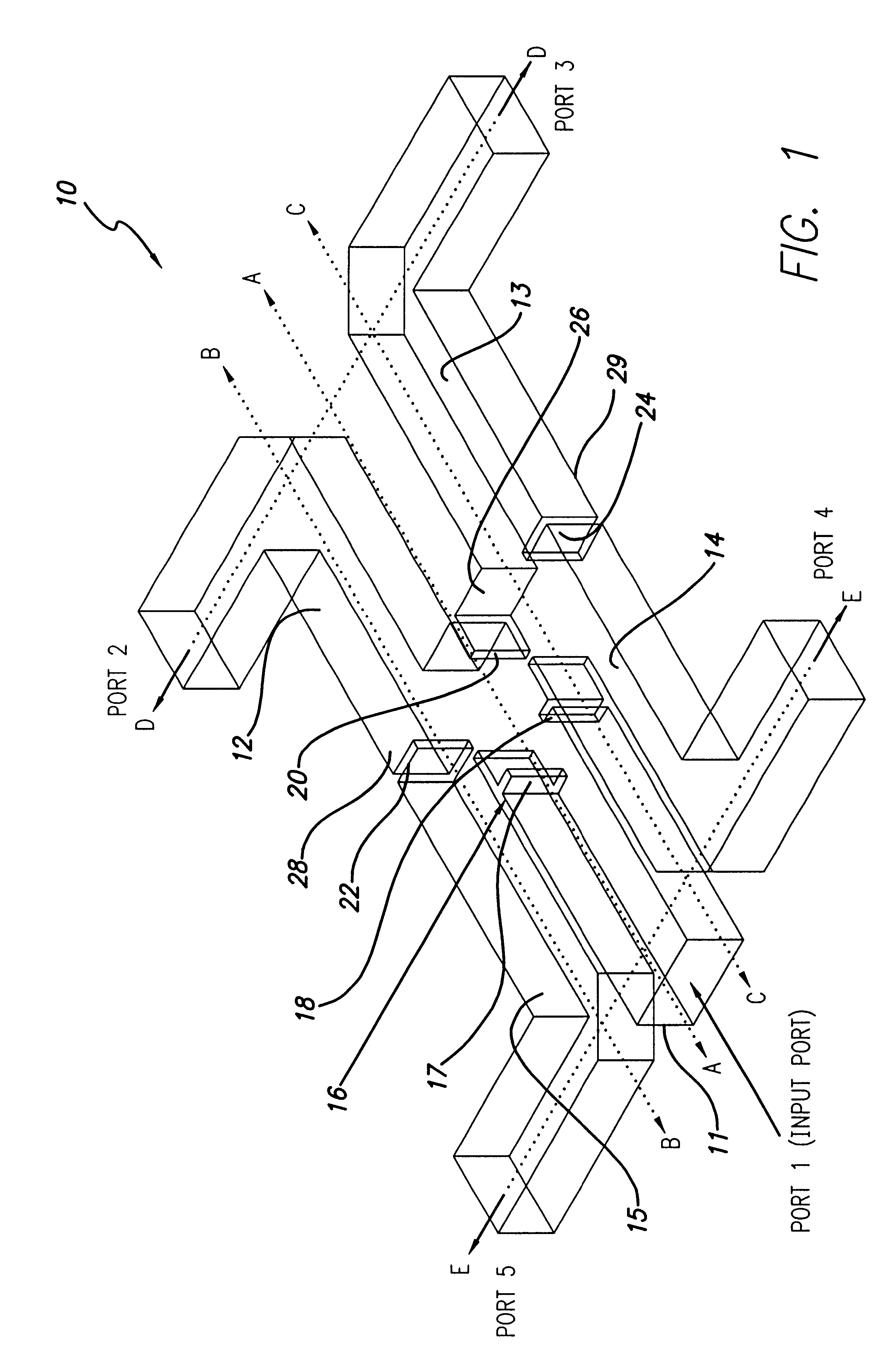 Compact four-way waveguide power divider