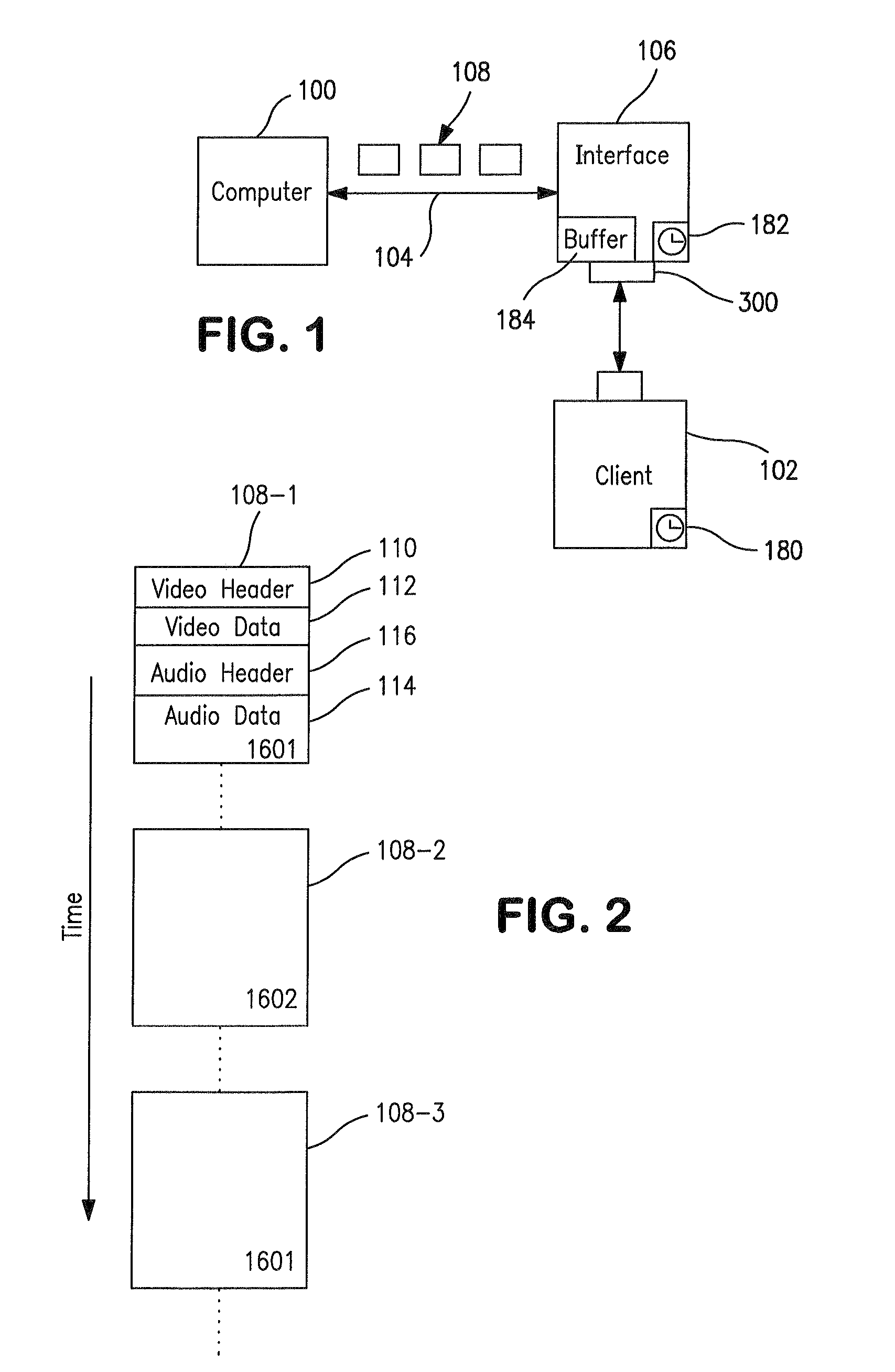 Synchronized transmission of audio and video data from a computer to a client via an interface