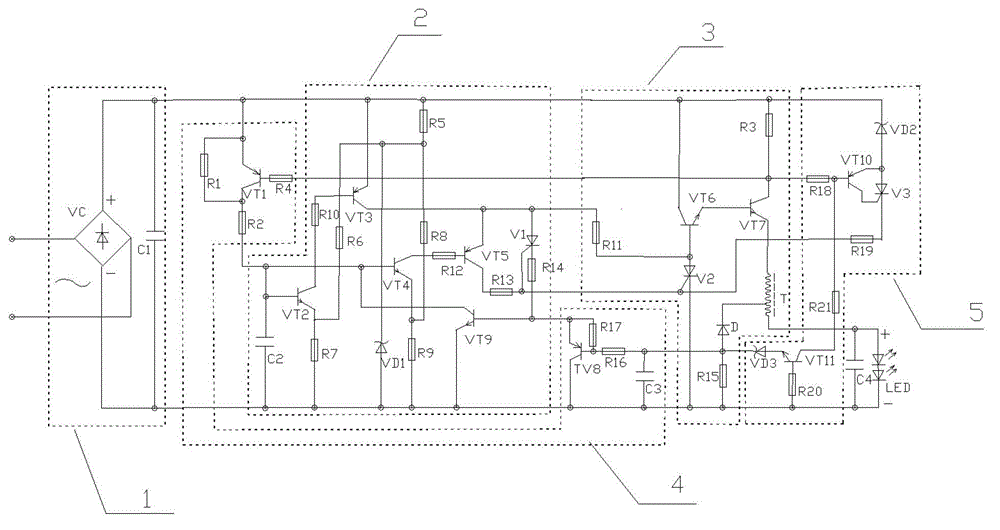 A LED constant current power supply without electrolytic capacitor