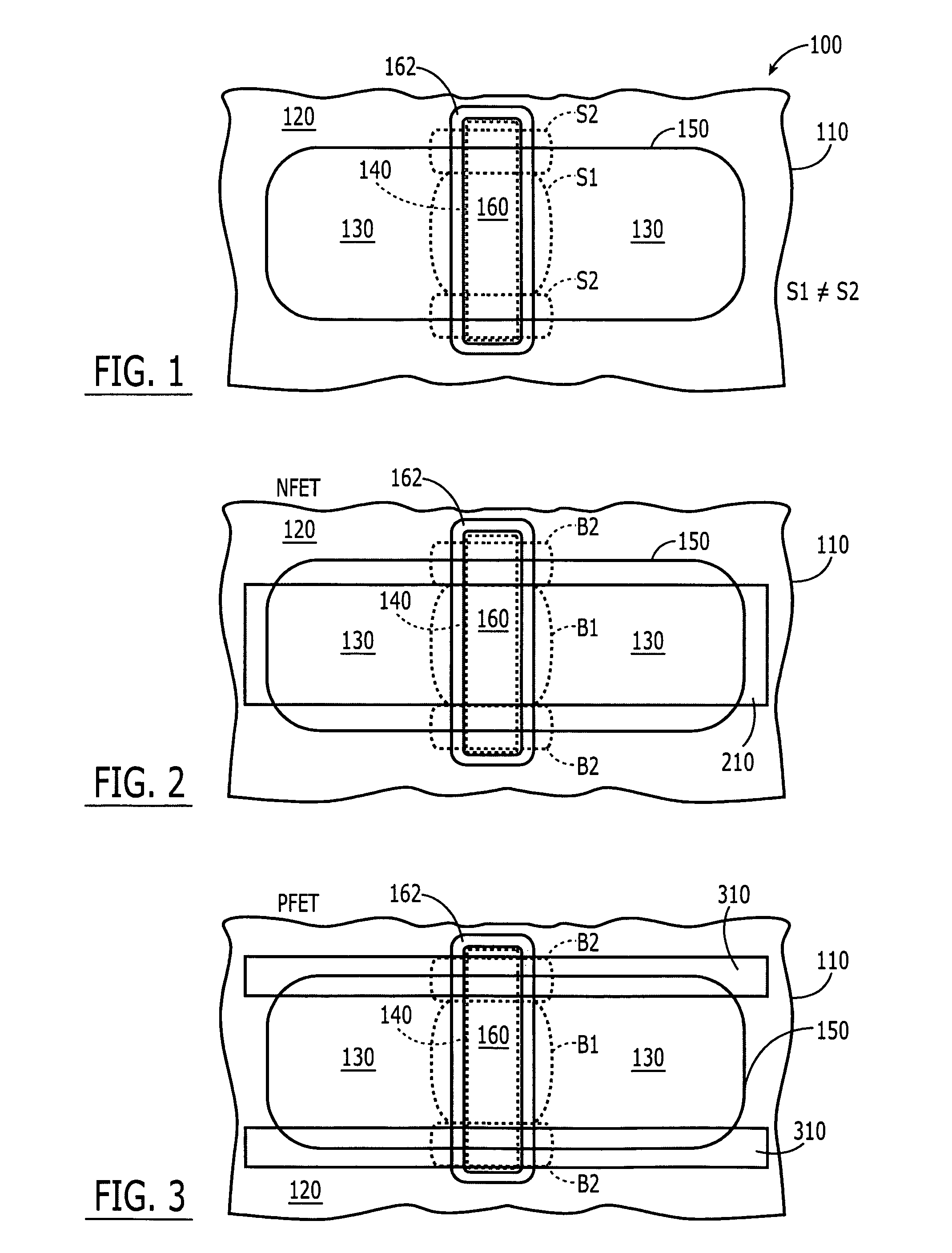 Differential mechanical stress-producing regions for integrated circuit field effect transistors