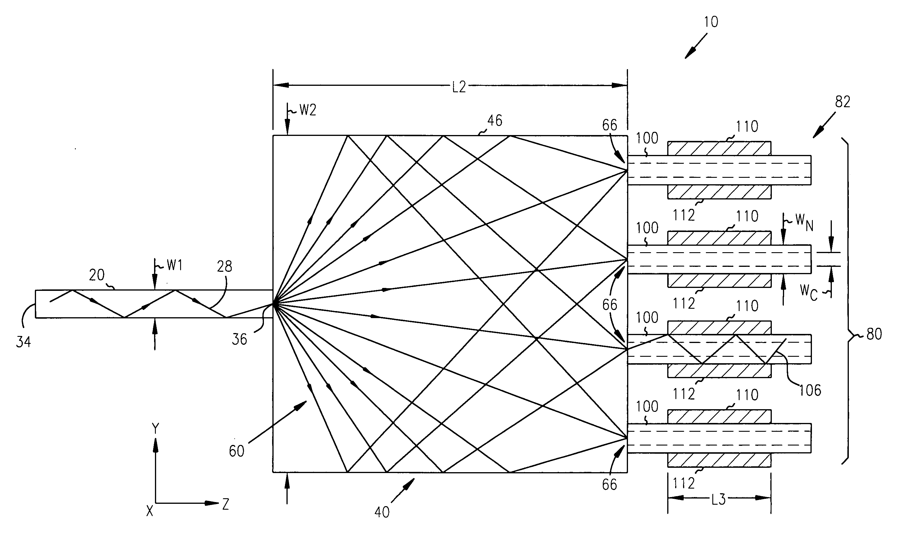 1 x N fanout waveguide photodetector