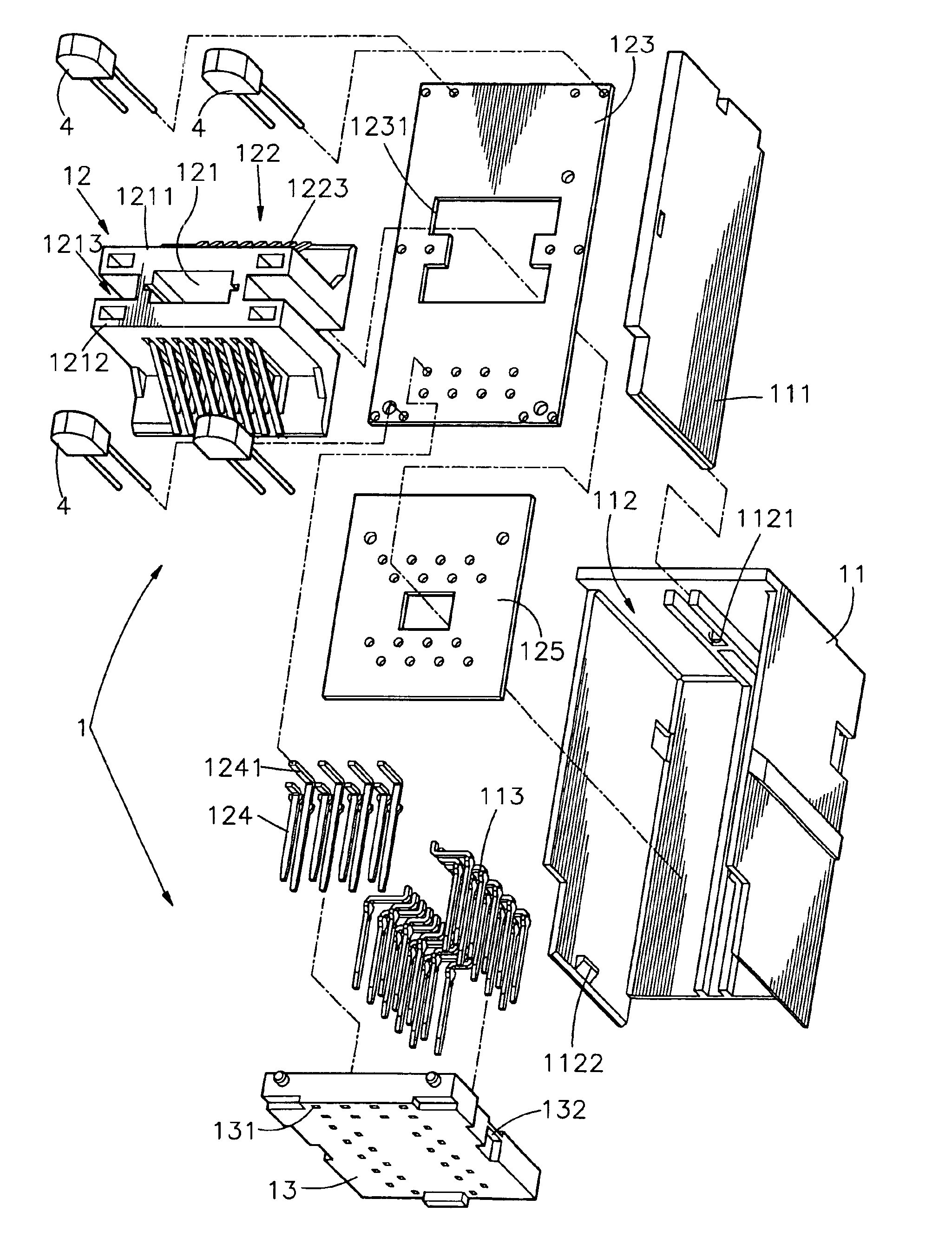 Stacked multi port connector with light-emitting element