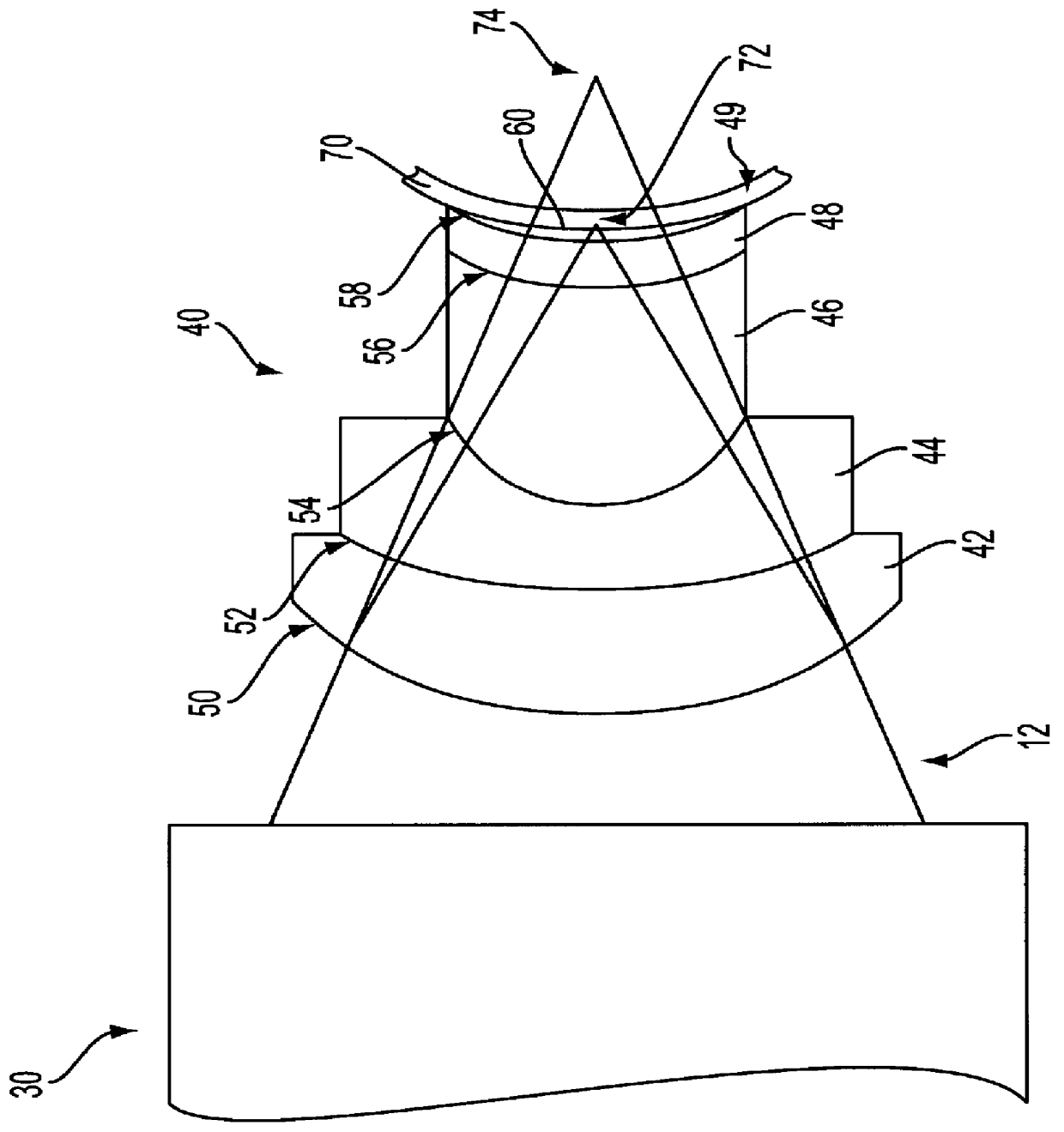 Variable focus lens system such as for examination or treatment of transparent or semi-transparent materials such as ocular tissue