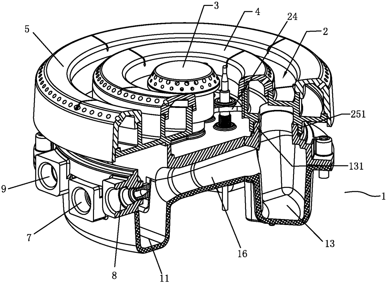 A high-power burner with an upward-flowing three-ring fire