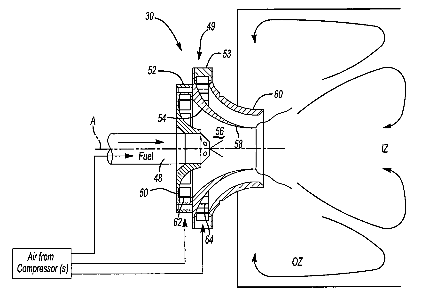 Air assist fuel injector for a combustor