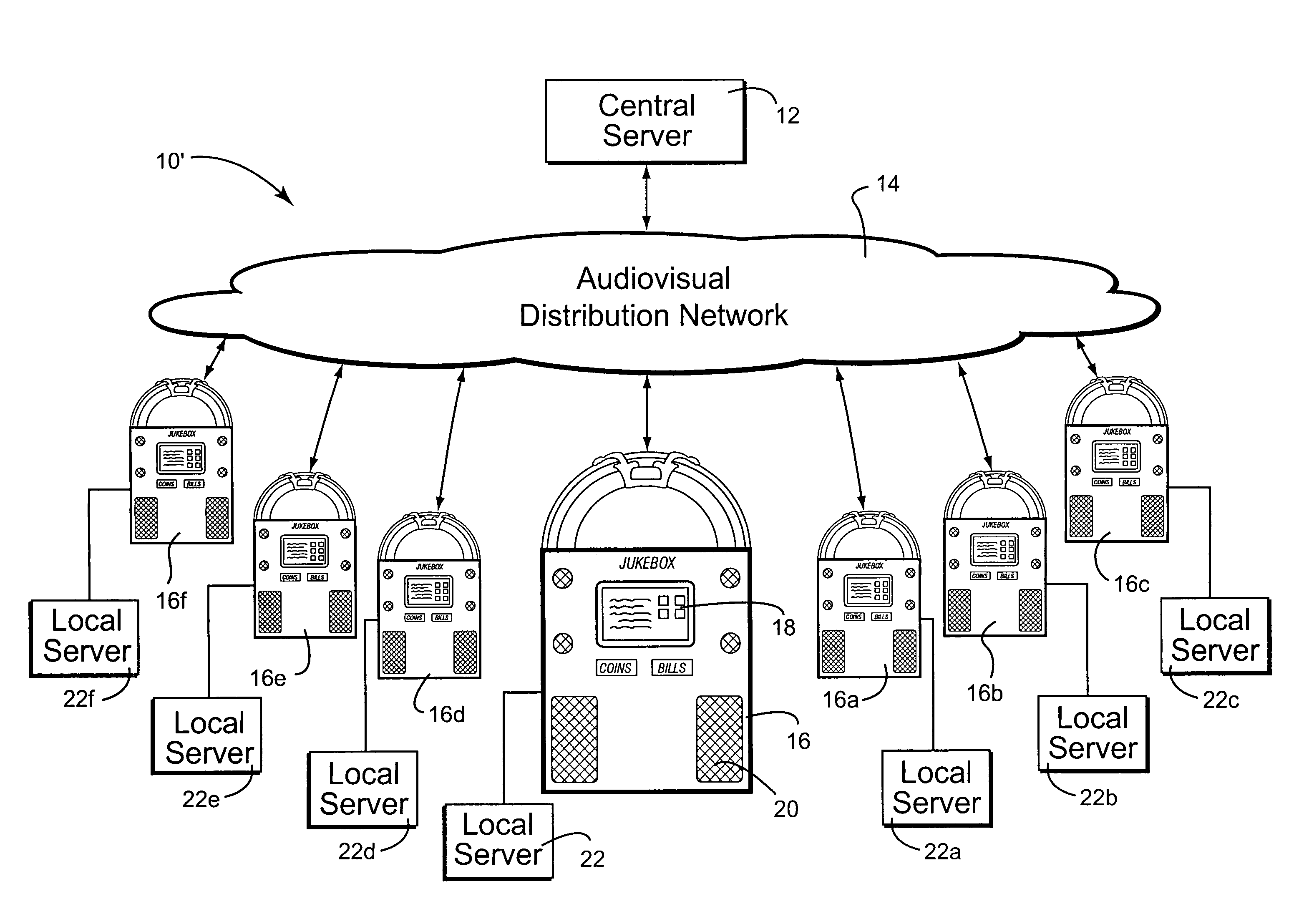 Digital downloading jukebox system with central and local music servers