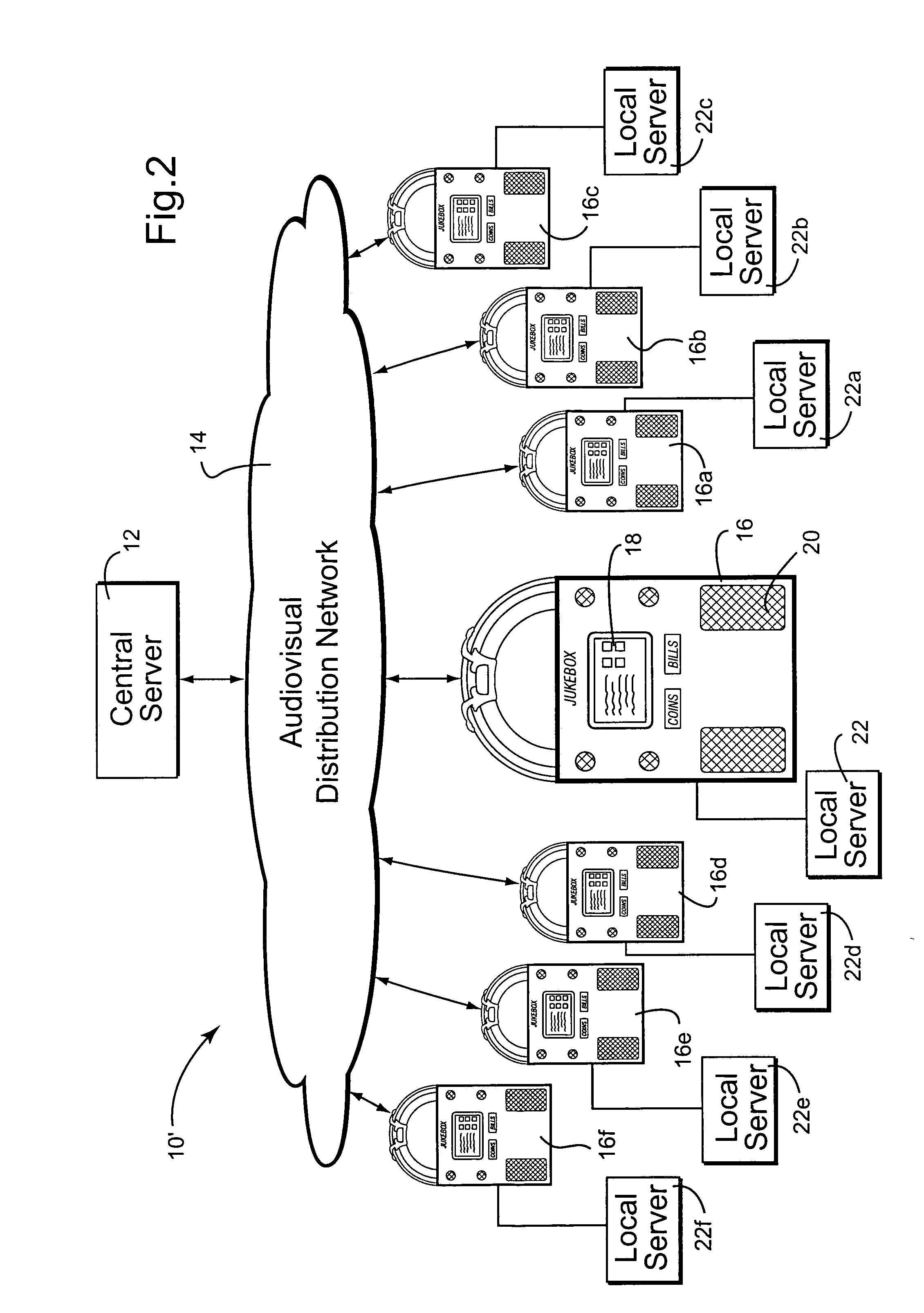 Digital downloading jukebox system with central and local music servers