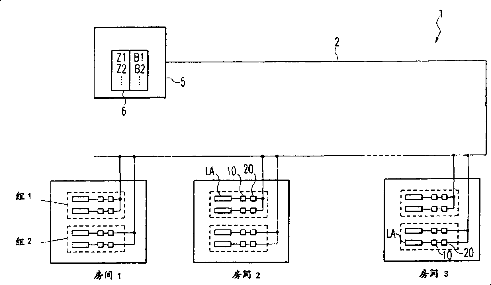 Control system for several separately arranged consumers, especially lamp operating devices, and start-up method