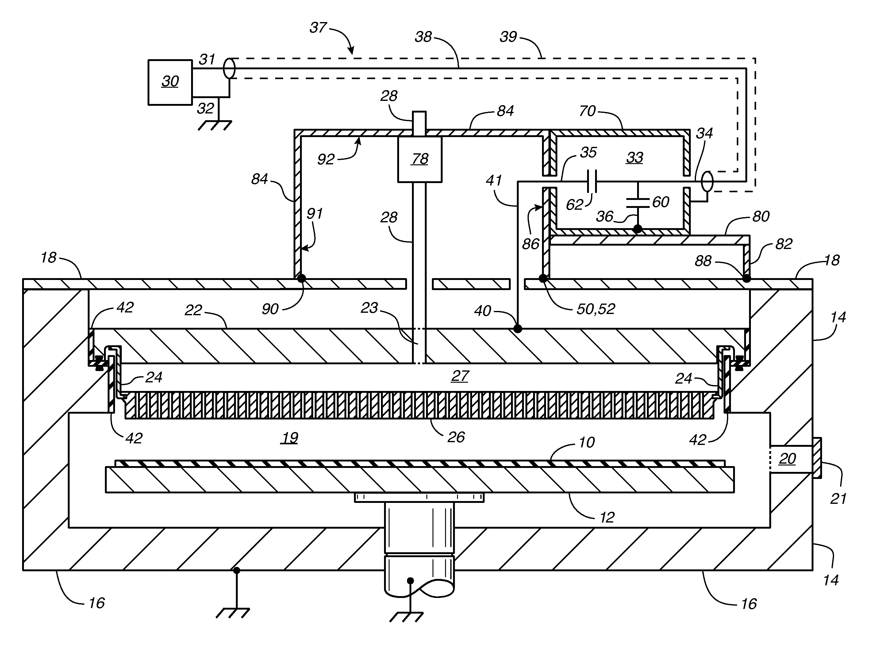 Off-center ground return for RF-powered showerhead