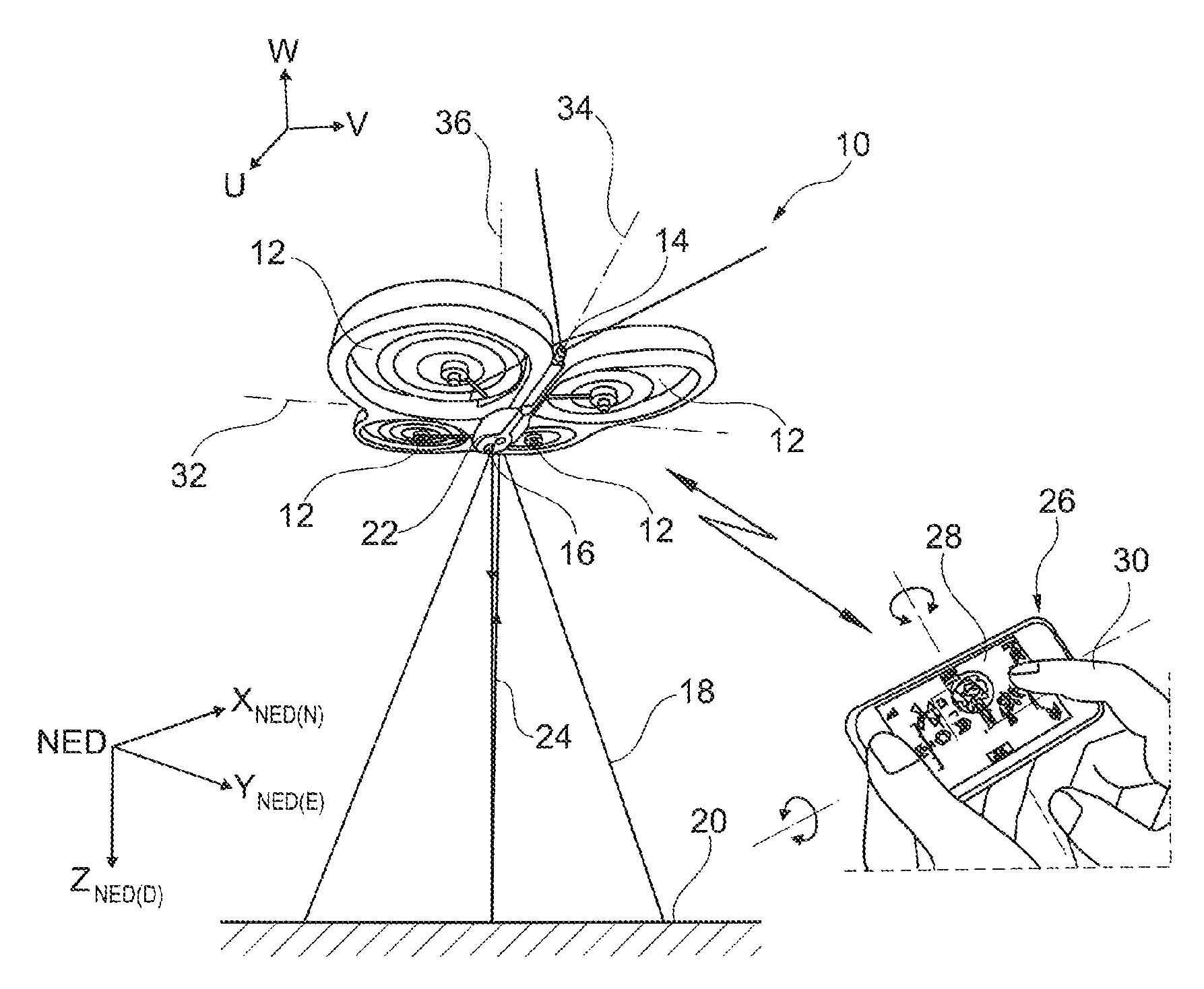 Rotary-wing drone comprising autonomous means for determining a position in an absolute coordinate system linked to the ground