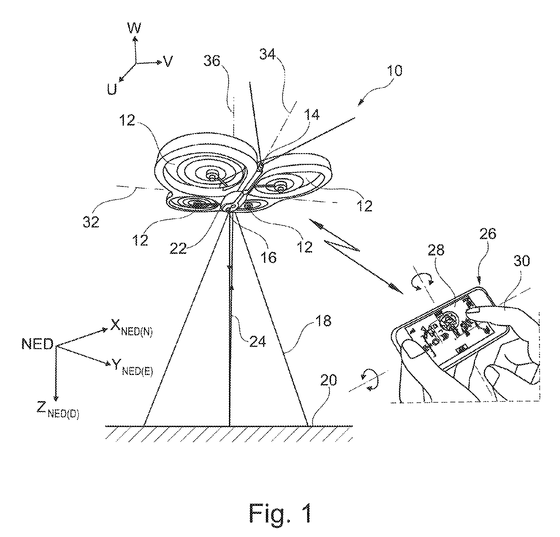 Rotary-wing drone comprising autonomous means for determining a position in an absolute coordinate system linked to the ground