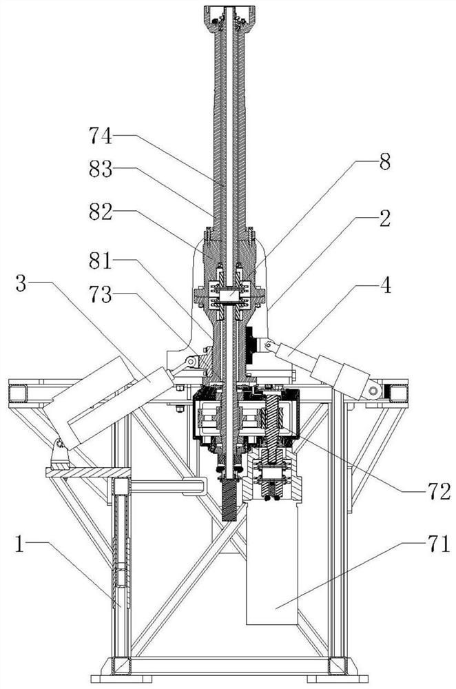 Transmission, tilting and vibration reduction system of a helicopter test device in an icing wind tunnel