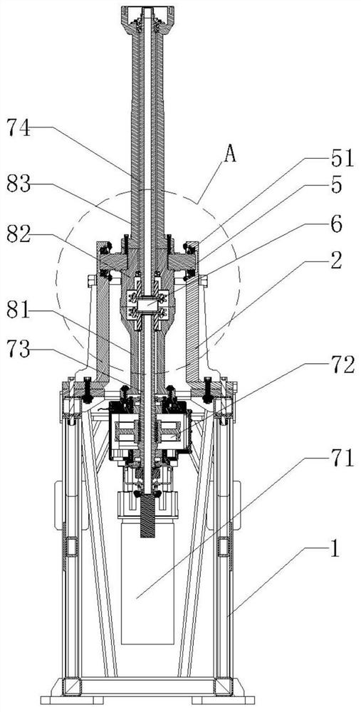 Transmission, tilting and vibration reduction system of a helicopter test device in an icing wind tunnel