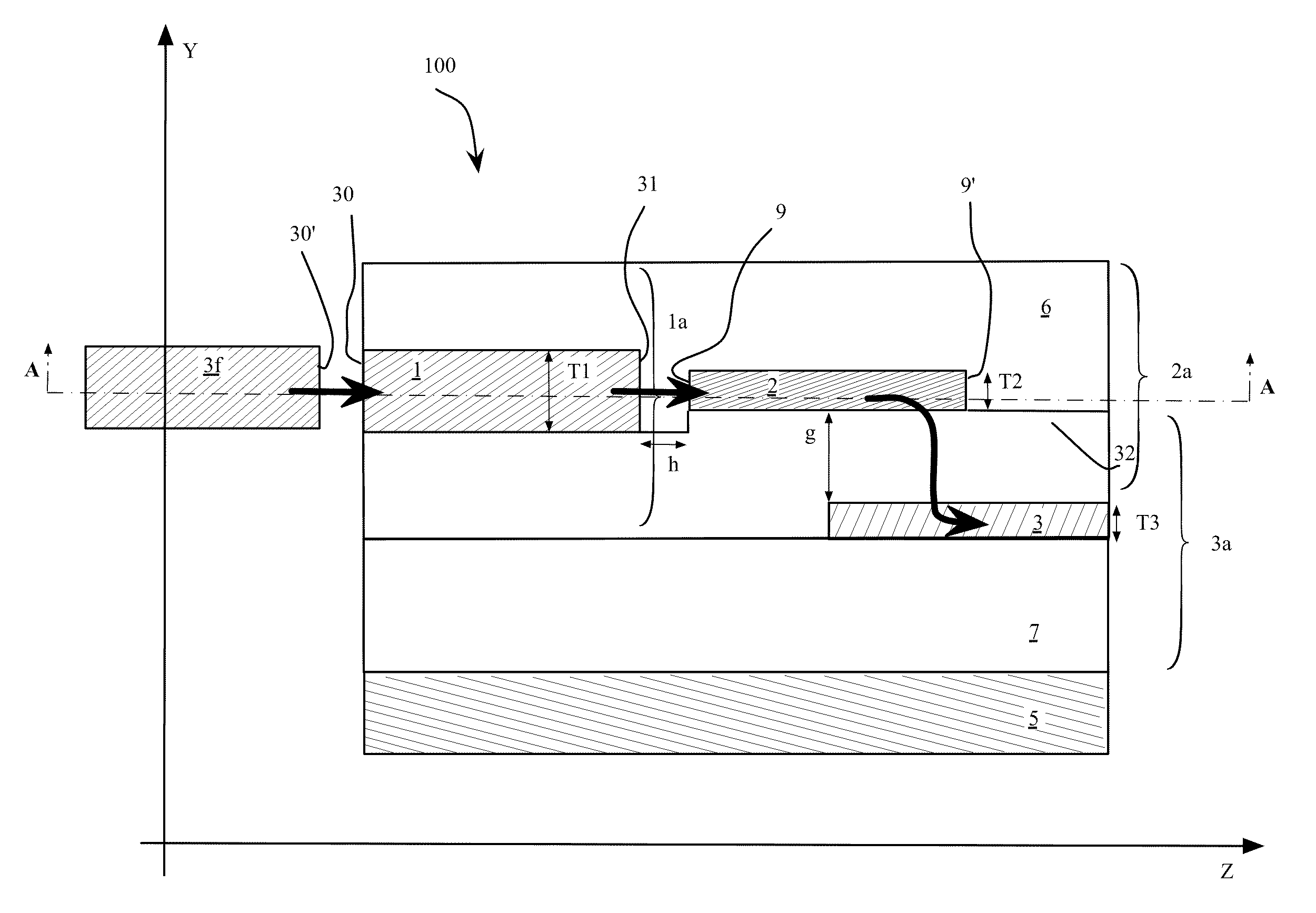 Optical mode transformer, in particular for coupling an optical fiber and a high-index contrast waveguide