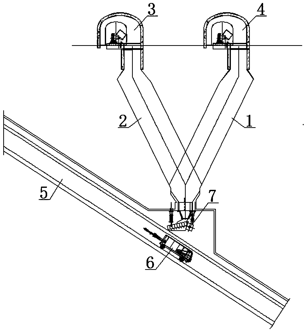 Ore waste rock double-ore-pass device of skip inclined shaft