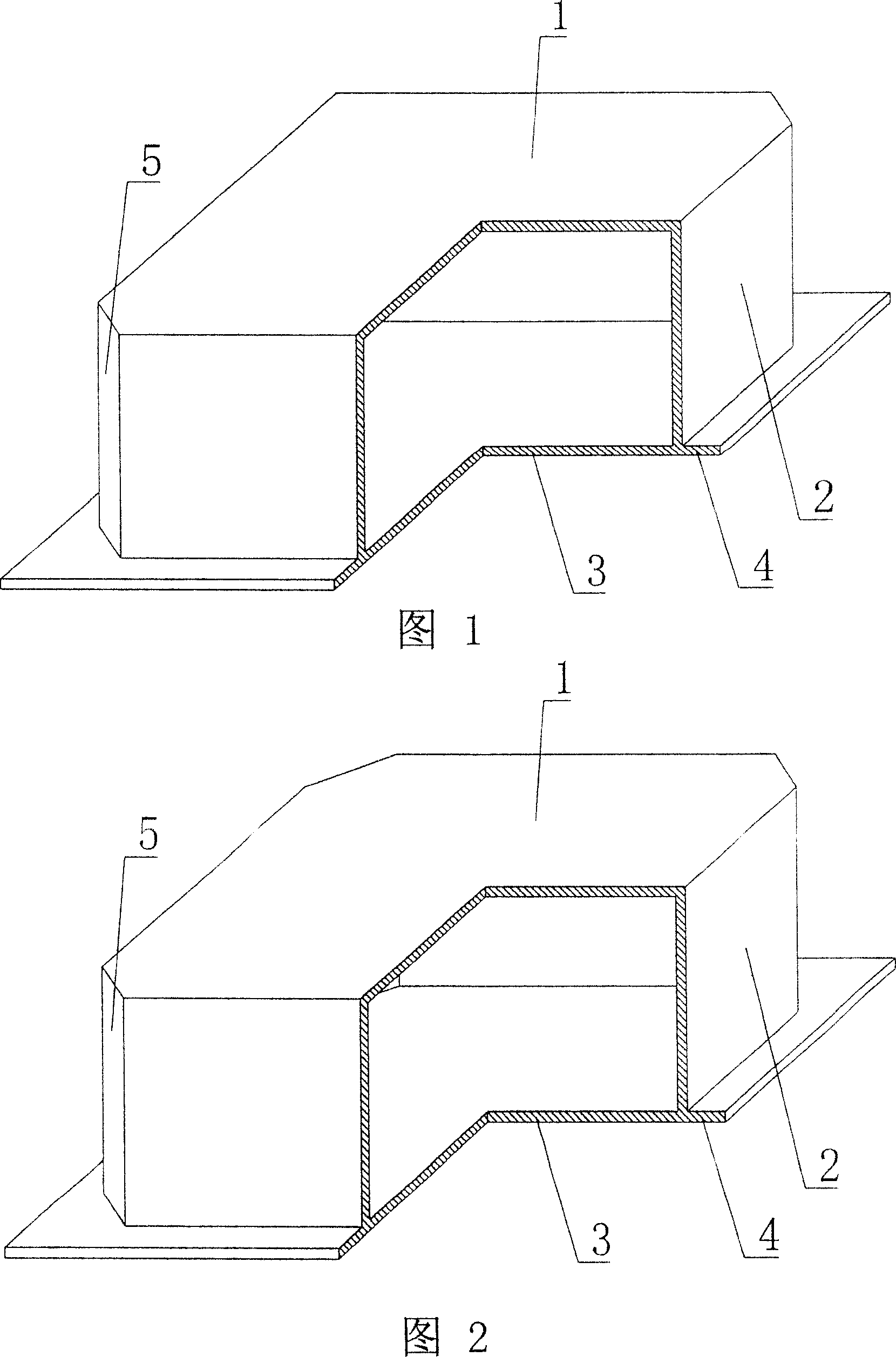 A hollow shuttering component in use for pouring concrete in site