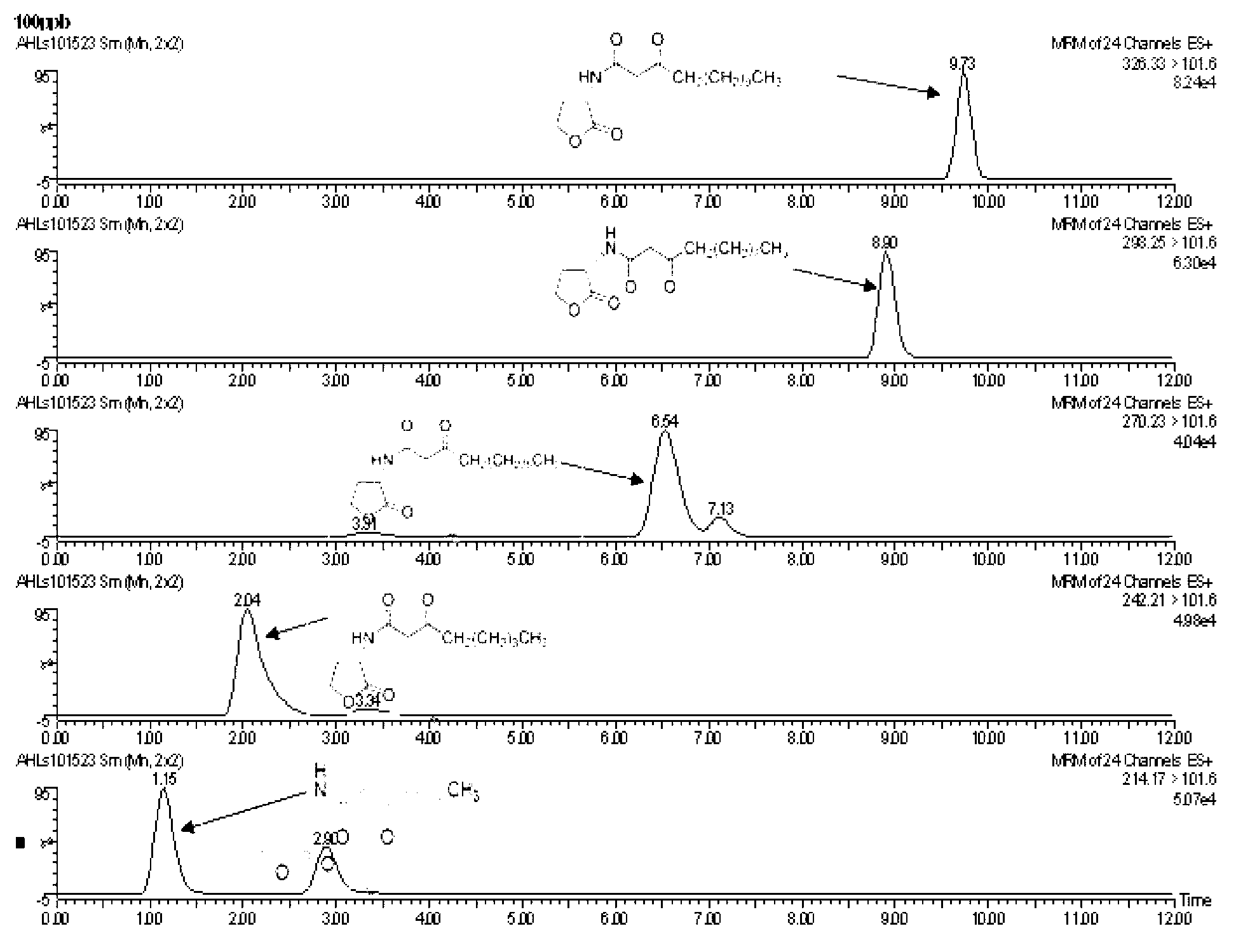 Method for simultaneously determining bacterial quorum sensing AHLs molecules by using high performance liquid chromatography-tandem mass spectrometry method