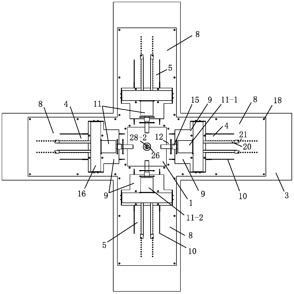 Integrated testing device for tension, compression, shearing and torsion of rock mass