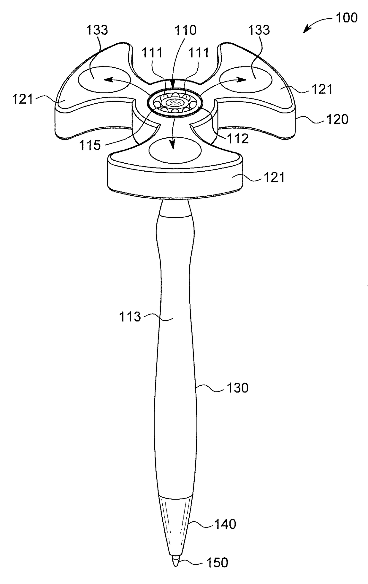 Writing implement with bearing coupled rotary device